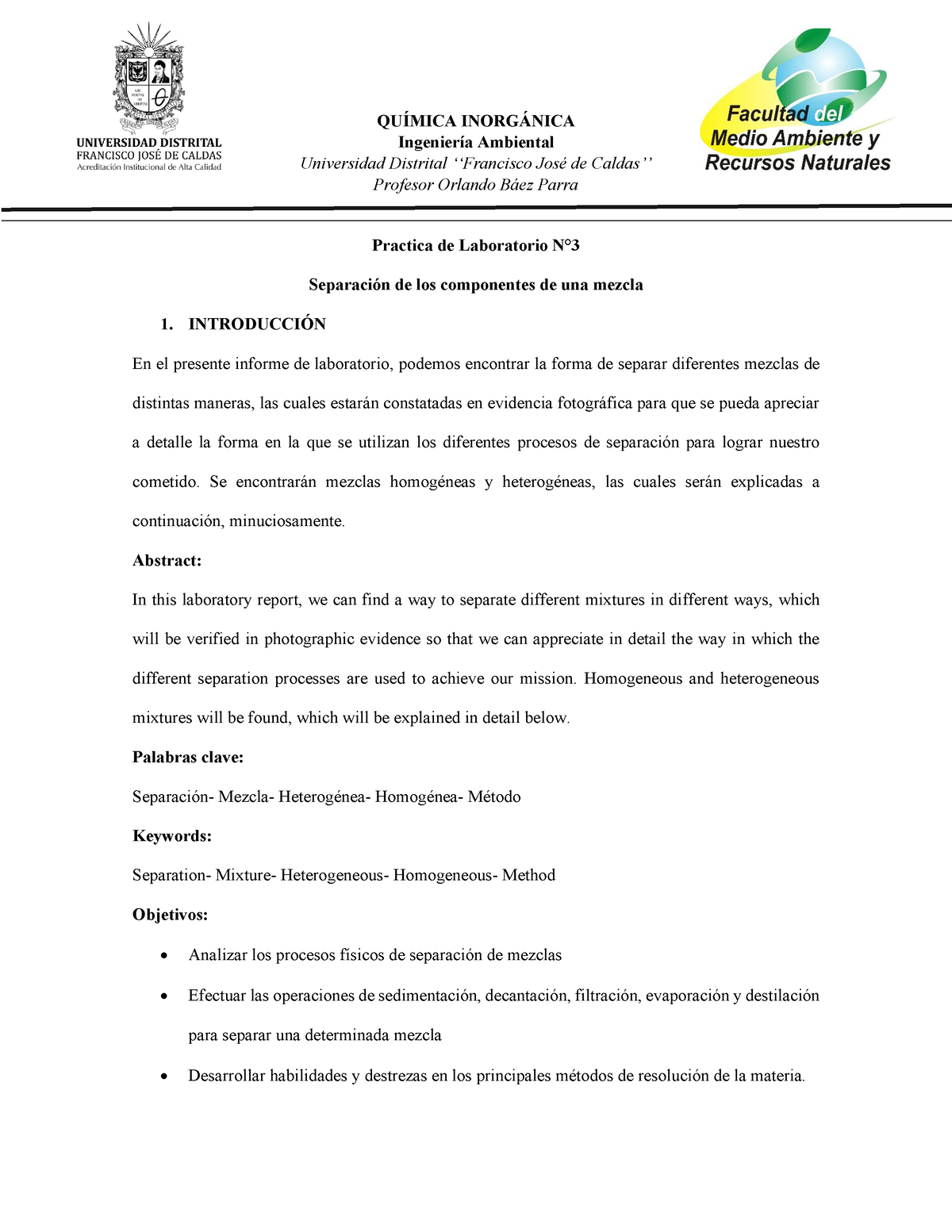 Informe De Laboratorio N3: Separación De Mezclas - QUÍMICA INORGÁNICA ...