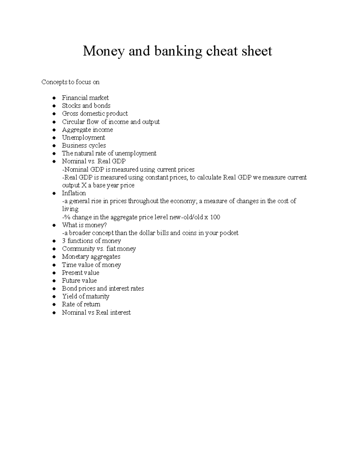 Econ - ………… - Money and banking cheat sheet Concepts to focus on ...