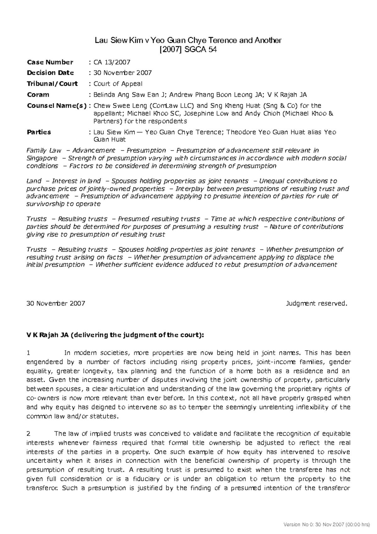 [2007 ] SGCA 54 - case - Lau Siew Kim v Yeo Guan Chye Terence and ...