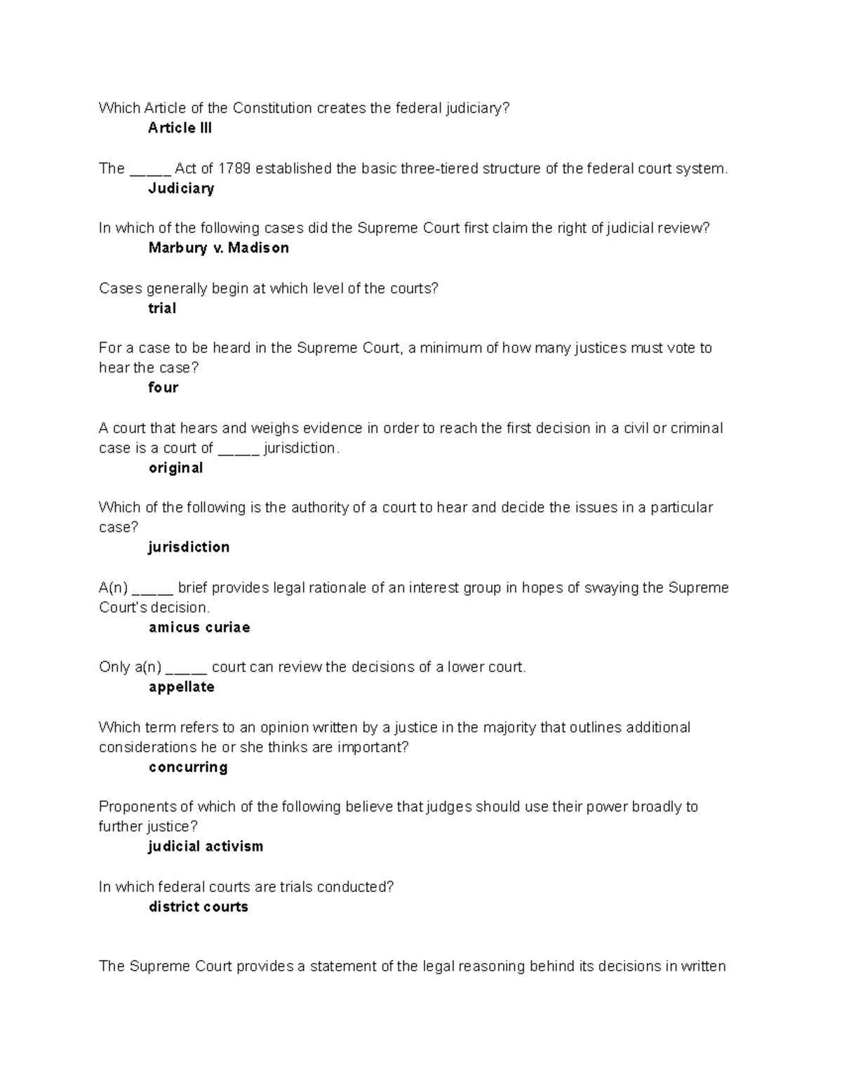 American Gov Quiz 9 Study Guide Which Article of the Constitution creates the federal
