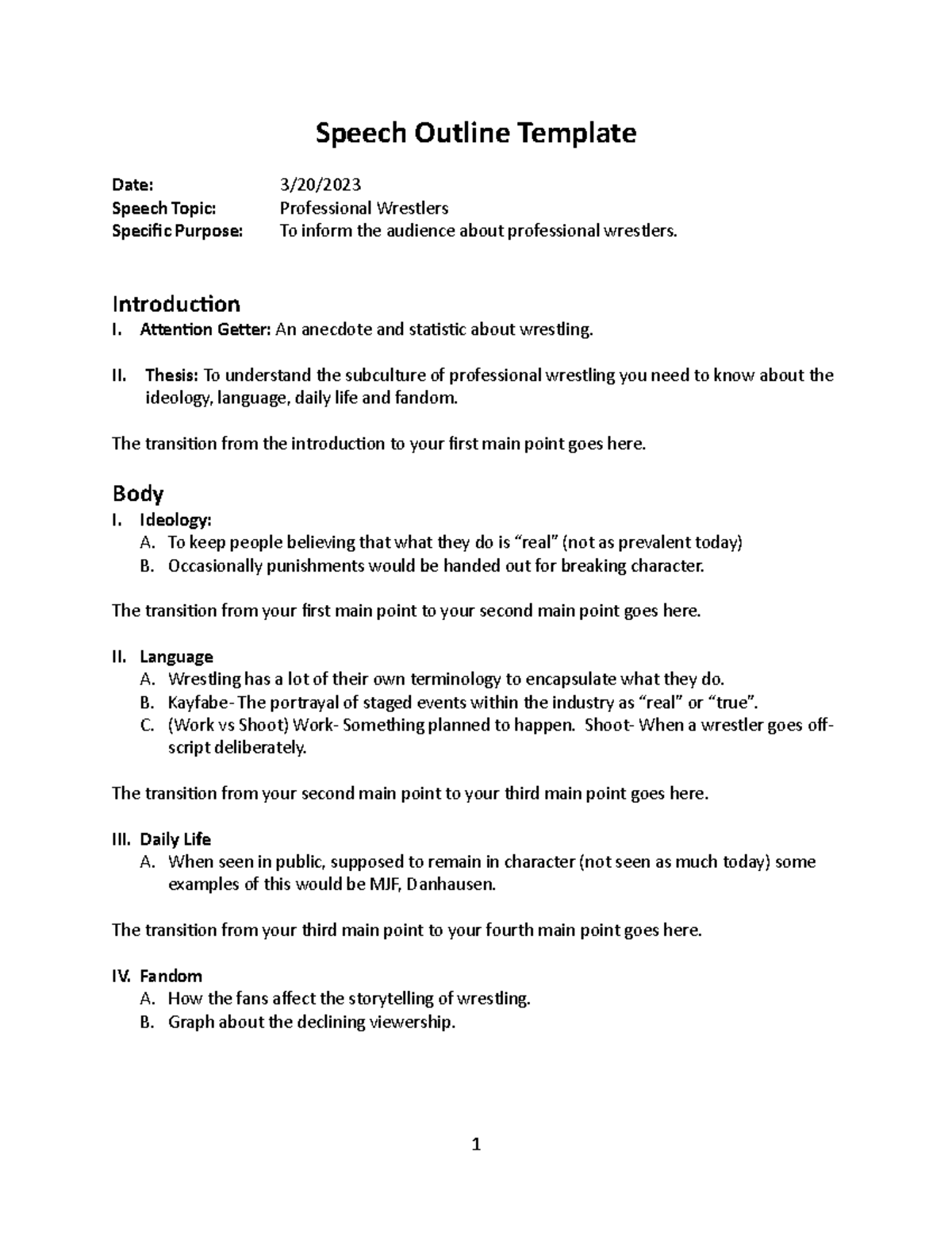 Speech Outline Template Topical Pattern Subpoint Level - Speech Outline ...