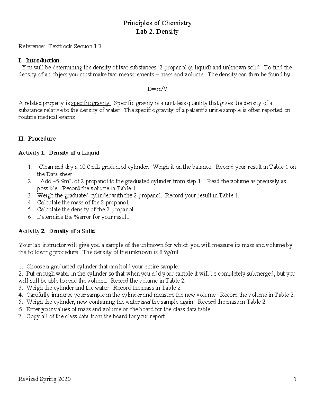 Lab+3 - Density lab - Principles of Chemistry Lab 2. Density Reference ...