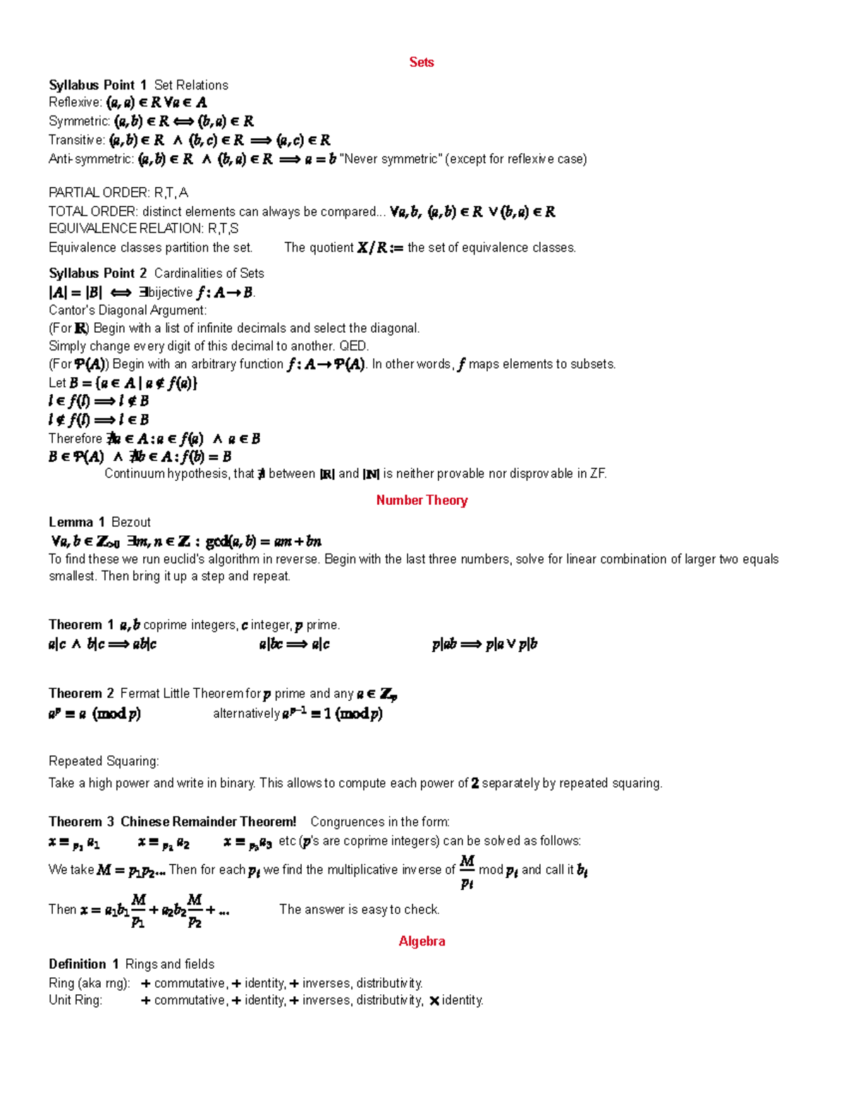 MATH2031 Test1 Notes Sheet - Sets Syllabus Point 1 Set Relations ...