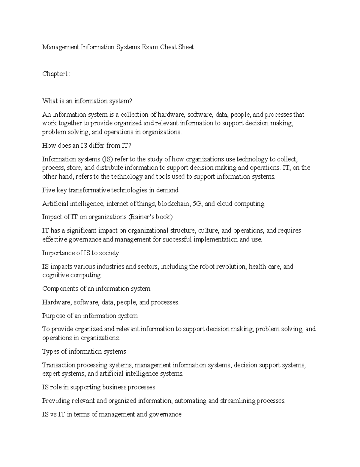 Management Information Systems Exam Cheat Sheet - Management ...