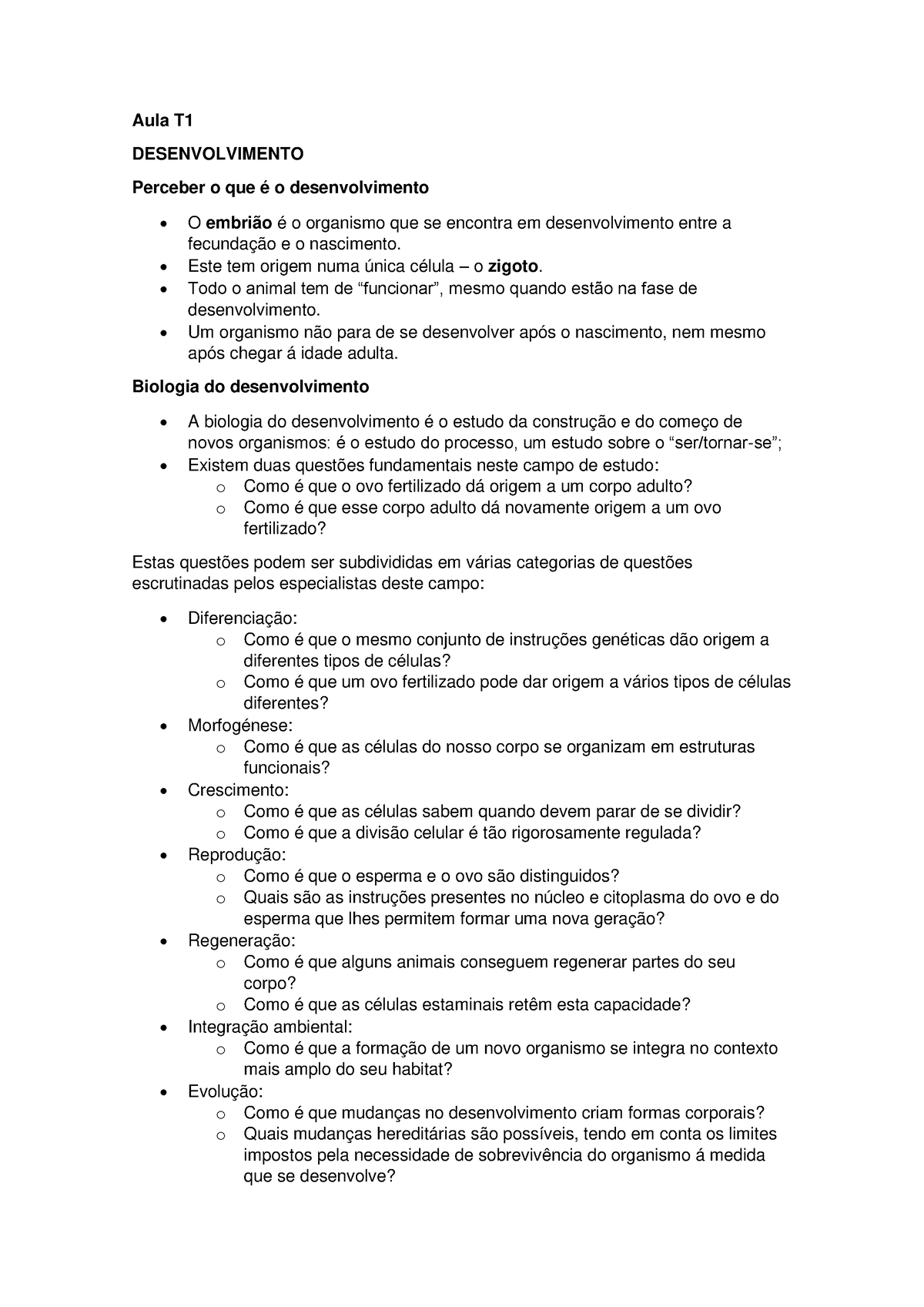 Aula T1 Resumo Apontamentos Do 2º Módulo De Biologia Do Desenvolvimento Desenvolvimento 0958