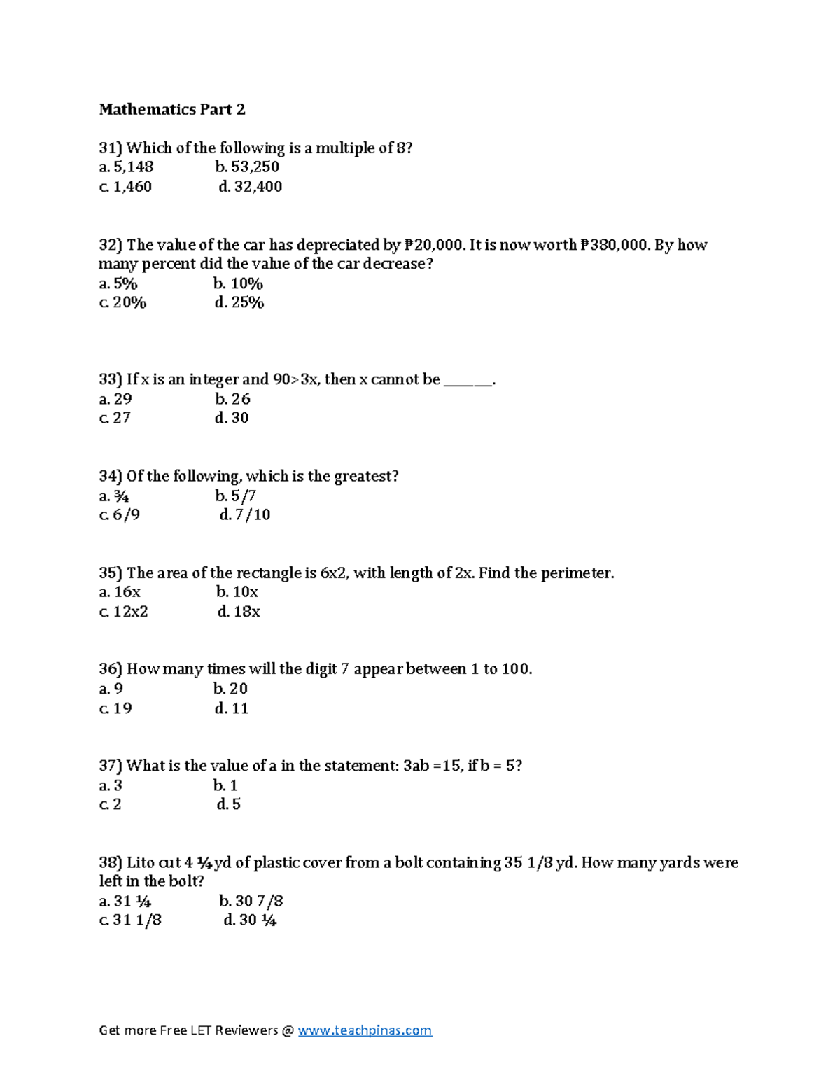 Part 2 Mathematics - LET actual exam - Mathematics Part 2 Which of the ...