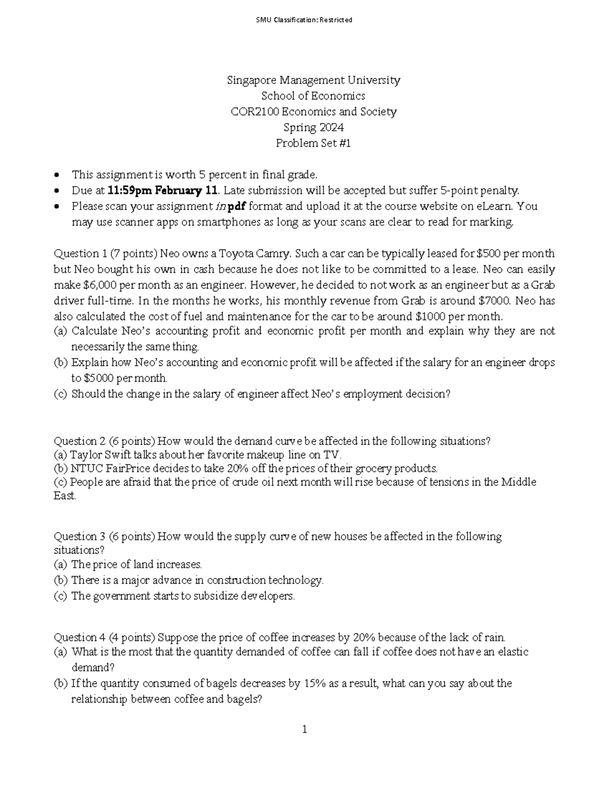 PS1 2024 - E&S Problem set - 1 SMU Classification: Restricted Singapore ...