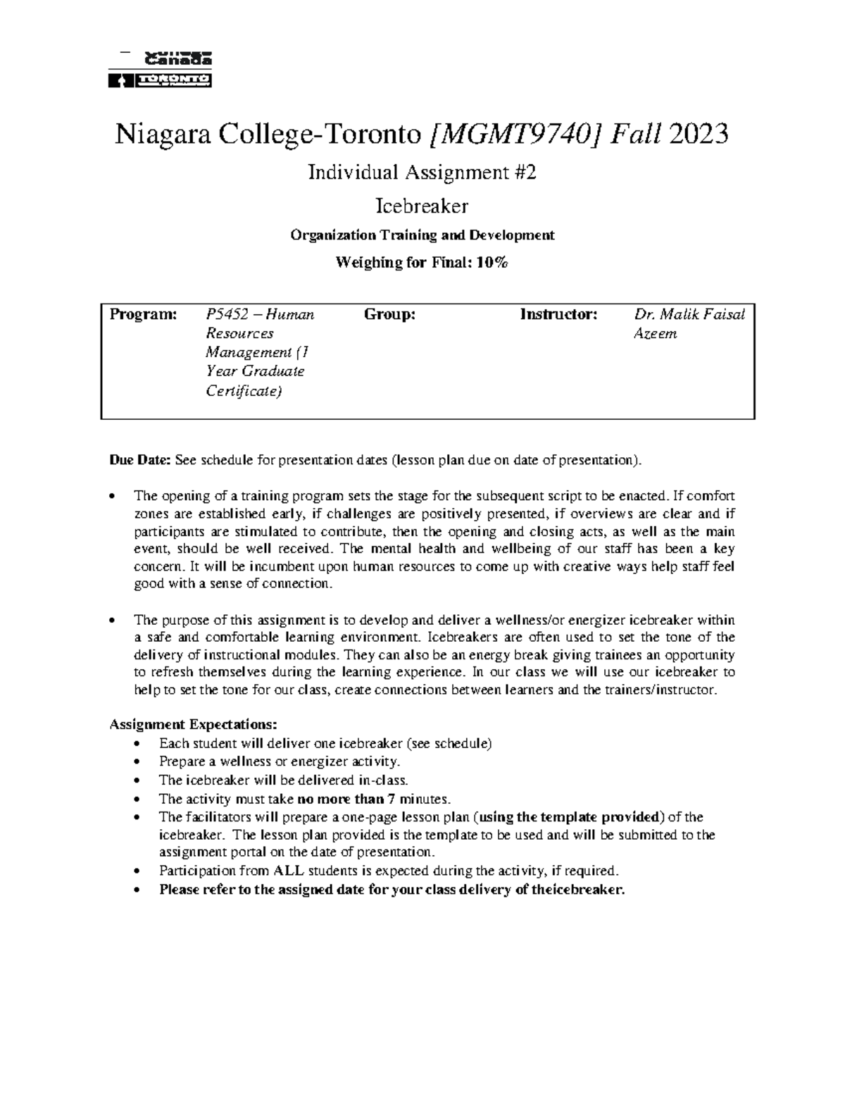 Org T&DAssignment2 It good Niagara CollegeToronto [MGMT9740