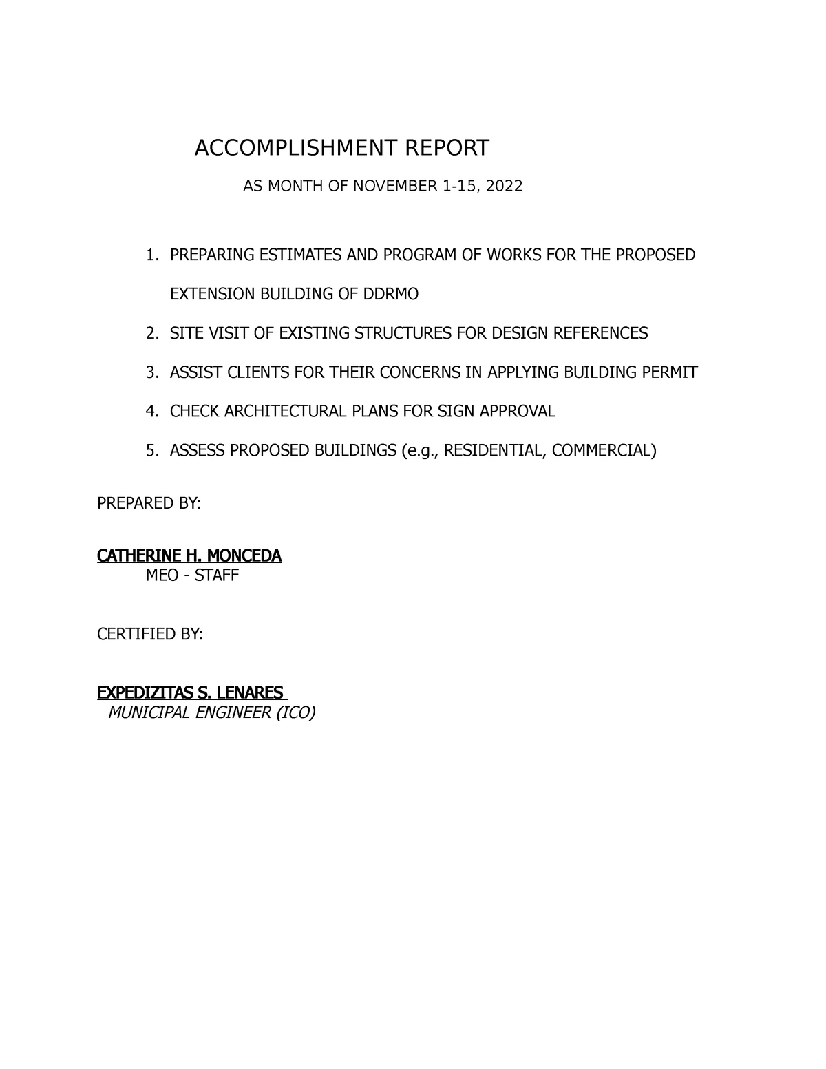 OCT - ACCOMPLISHMENT REPORT AS MONTH OF NOVEMBER 1-15, 2022 PREPARING ...