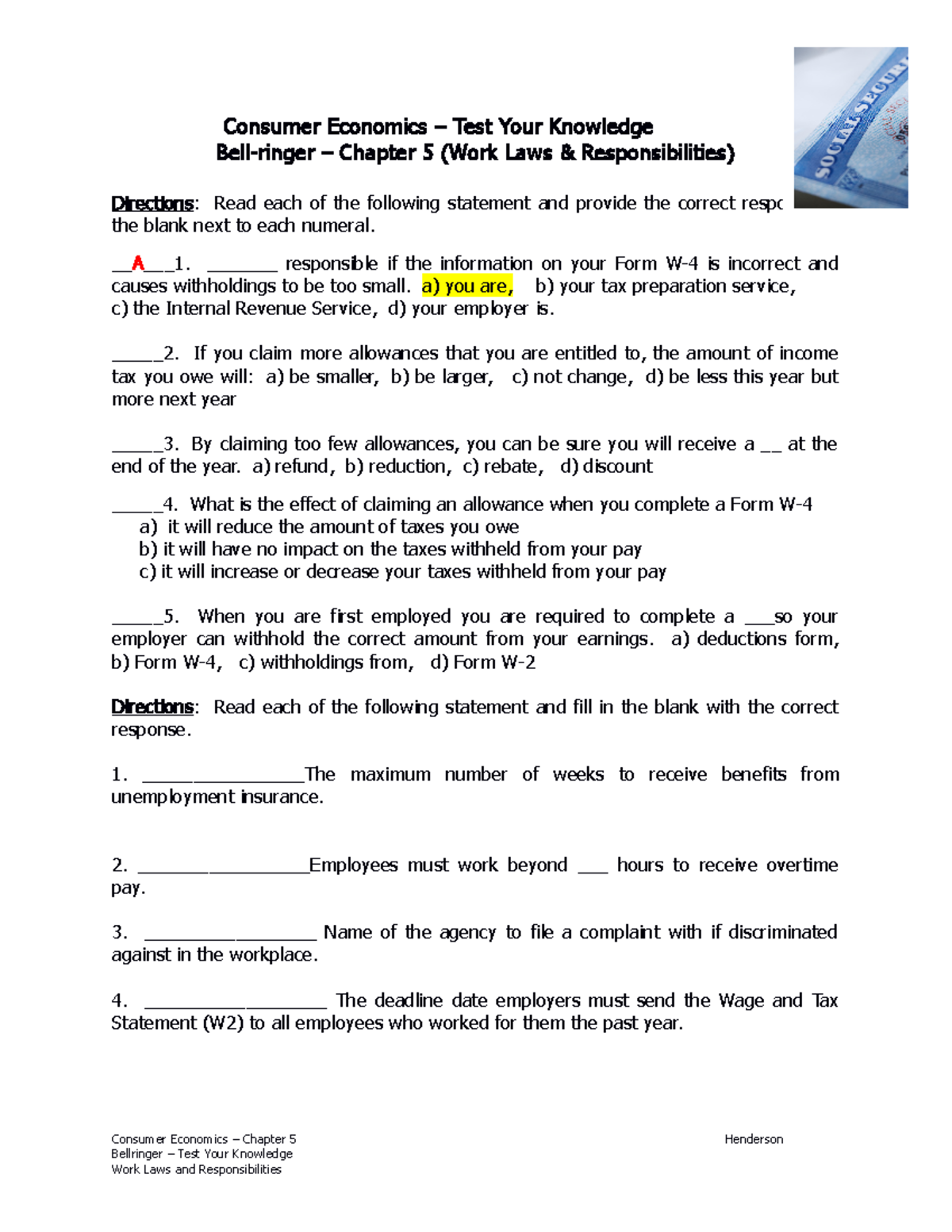 Bellringer - Ch - bell ringer - Consumer Economics – Test Your ...