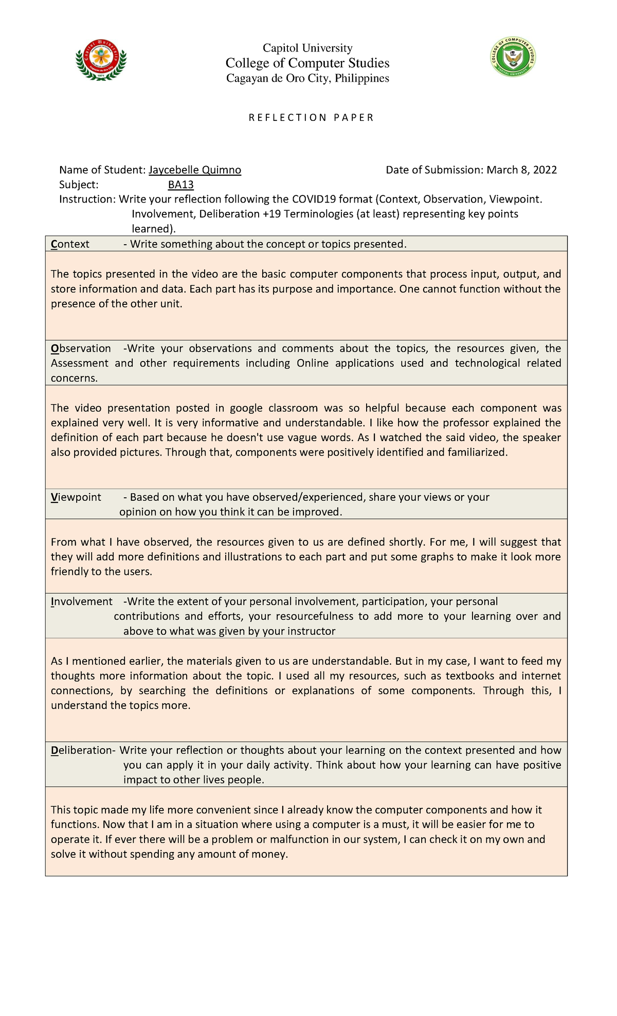 Reflection Template - This will serve as a guide to students who are ...