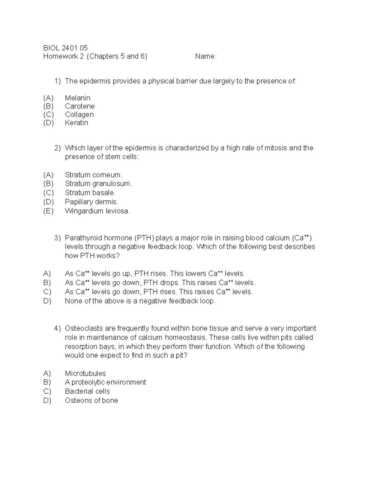 BIOL 2401 Homework 2 - BIOL 2401 05 Homework 2 (Chapters 5 And 6) Name ...