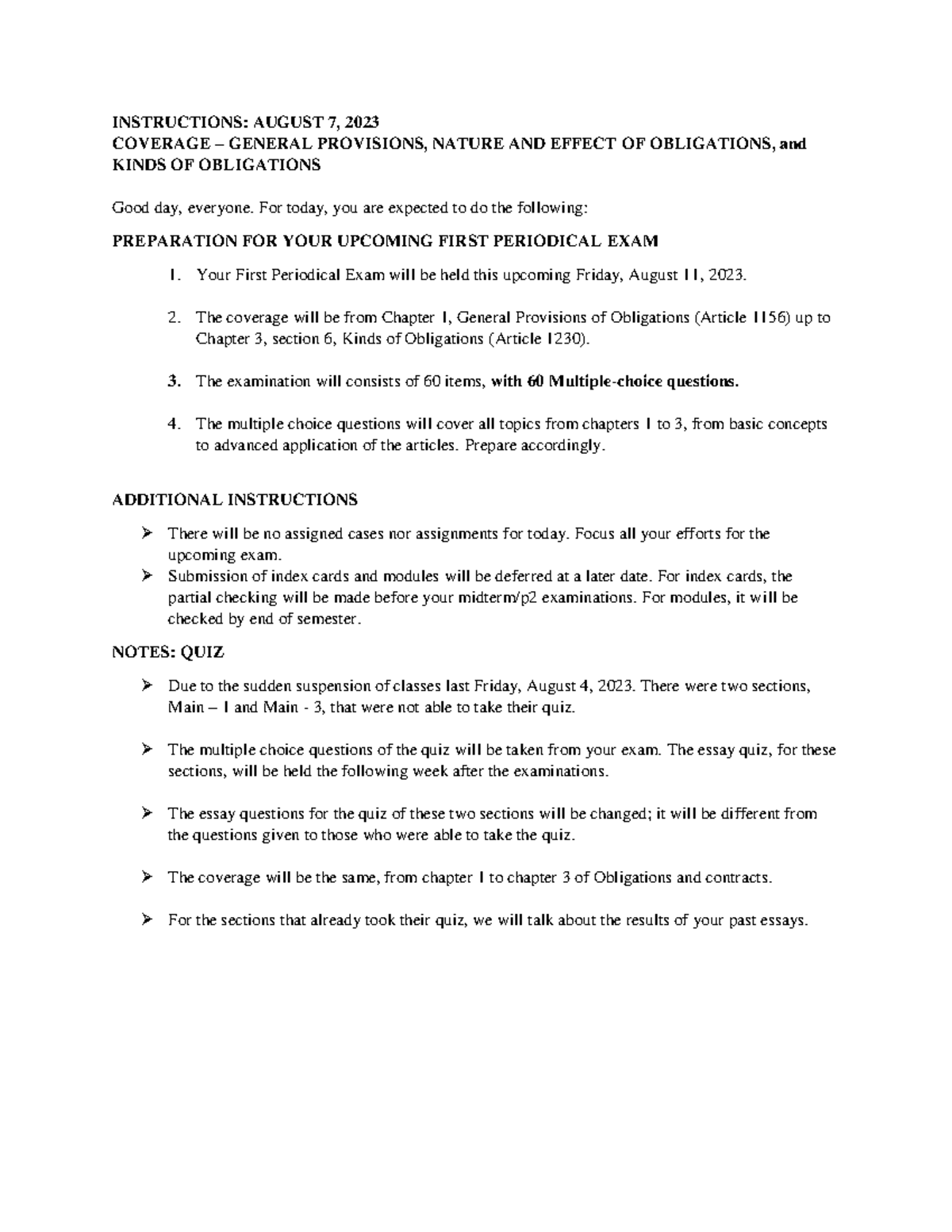 Instructions - - INSTRUCTIONS: AUGUST 7, 2023 COVERAGE – GENERAL