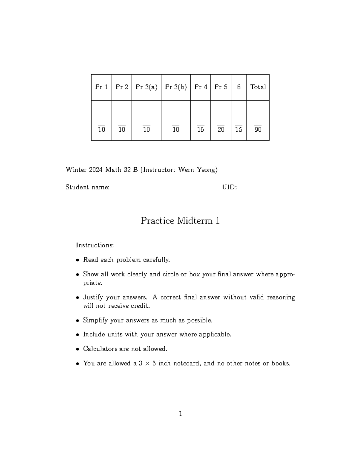 Practice Midterm 1 - n/a - Pr 1 Pr 2 Pr 3(a) Pr 3(b) Pr 4 Pr 5 6 Total ...