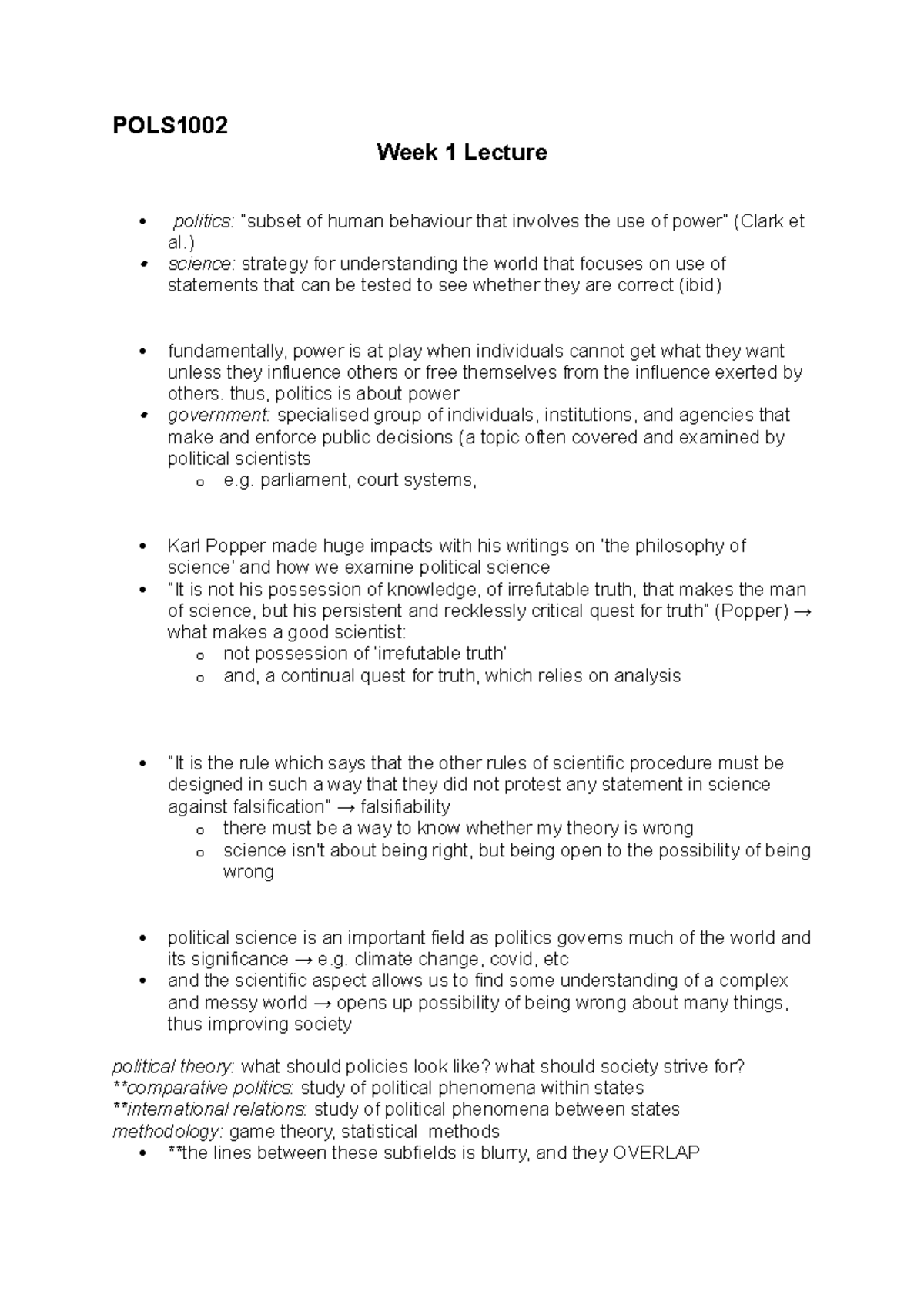 Lecture notes wk1 - POLS Week 1 Lecture politics: “subset of human ...