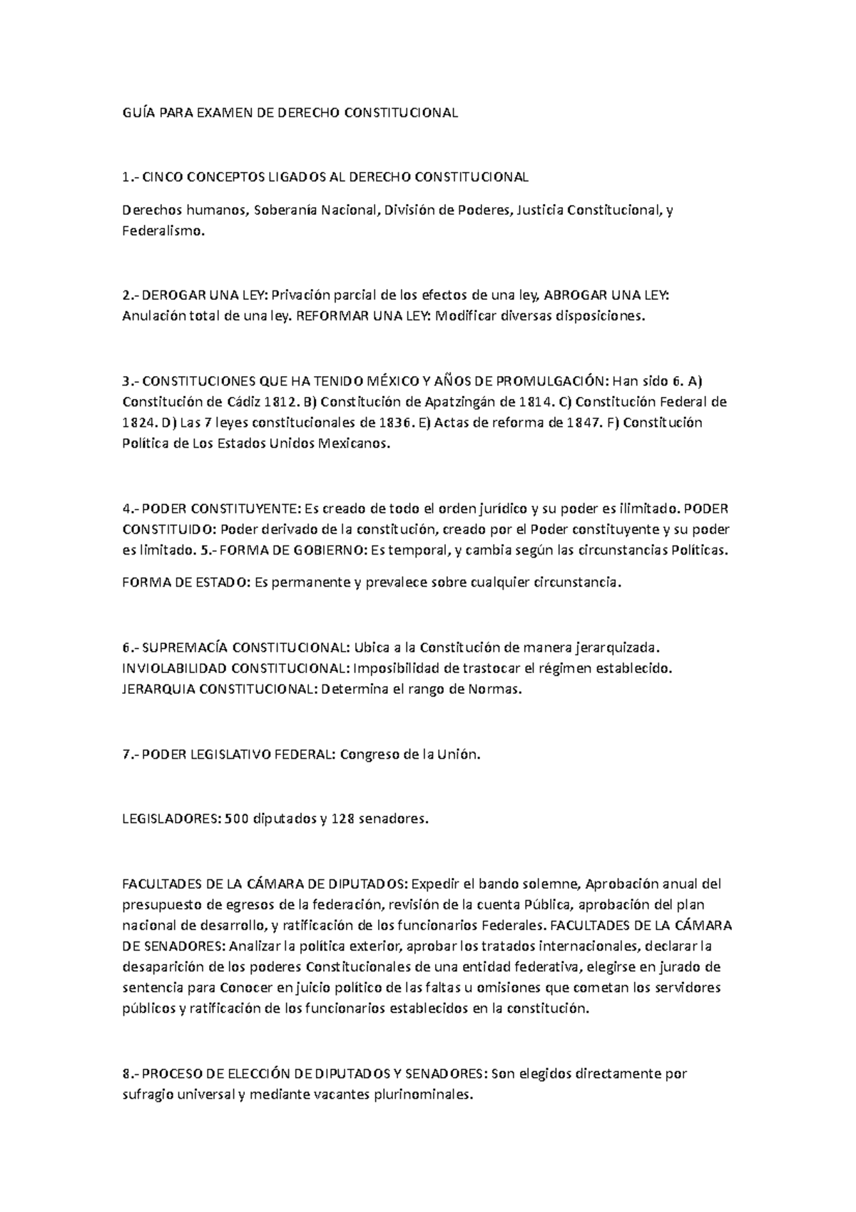Constitucional D - GUÍA PARA EXAMEN DE DERECHO CONSTITUCIONAL 1.- CINCO ...