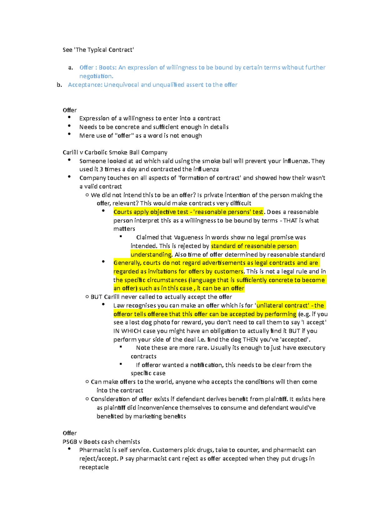Contracts Readings + notes (Mid-semester) - See Typical a. Offer ...