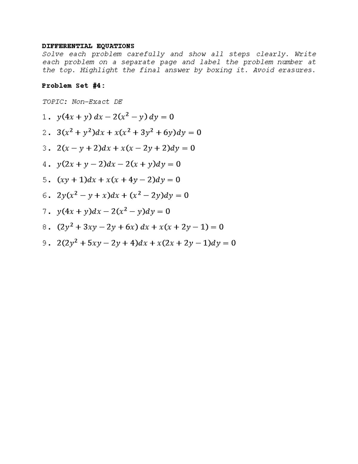 Problem SET MAT052 - DIFFERENTIAL EQUATIONS Solve each problem ...