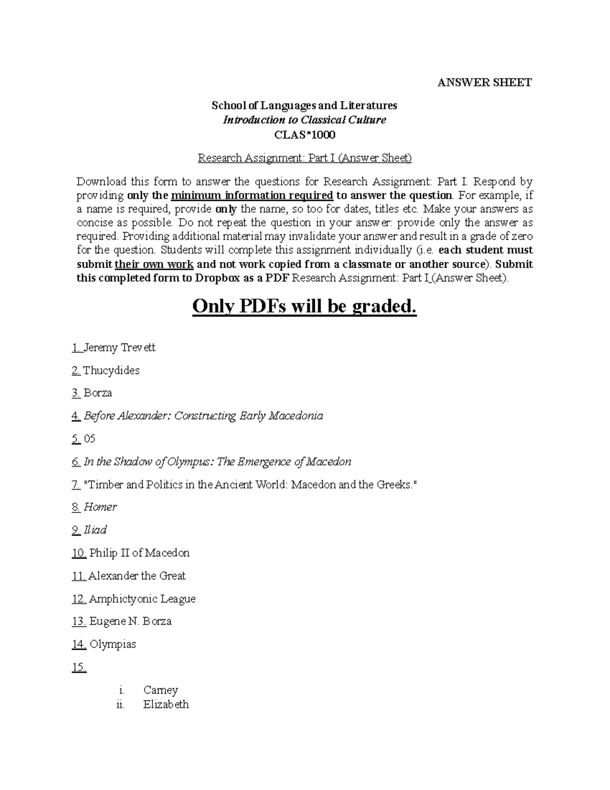 Research Assignment Part I (Answer Sheet) - ANSWER SHEET School of ...