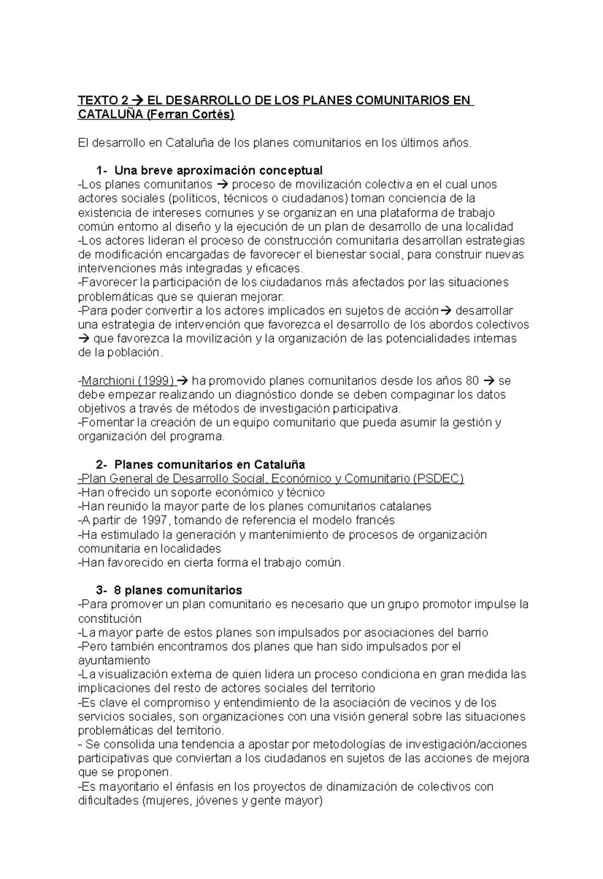 Resums Textos - Apuntes 1-10 - TEXTO 2  EL DESARROLLO DE LOS PLANES  COMUNITARIOS EN CATALUÑA - Studocu