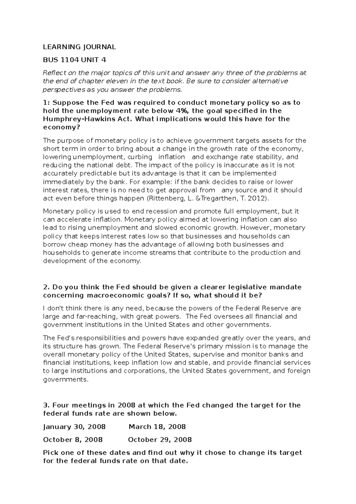 Learning Journal Unit 4 - LEARNING JOURNAL BUS 1104 UNIT 4 Reflect on ...