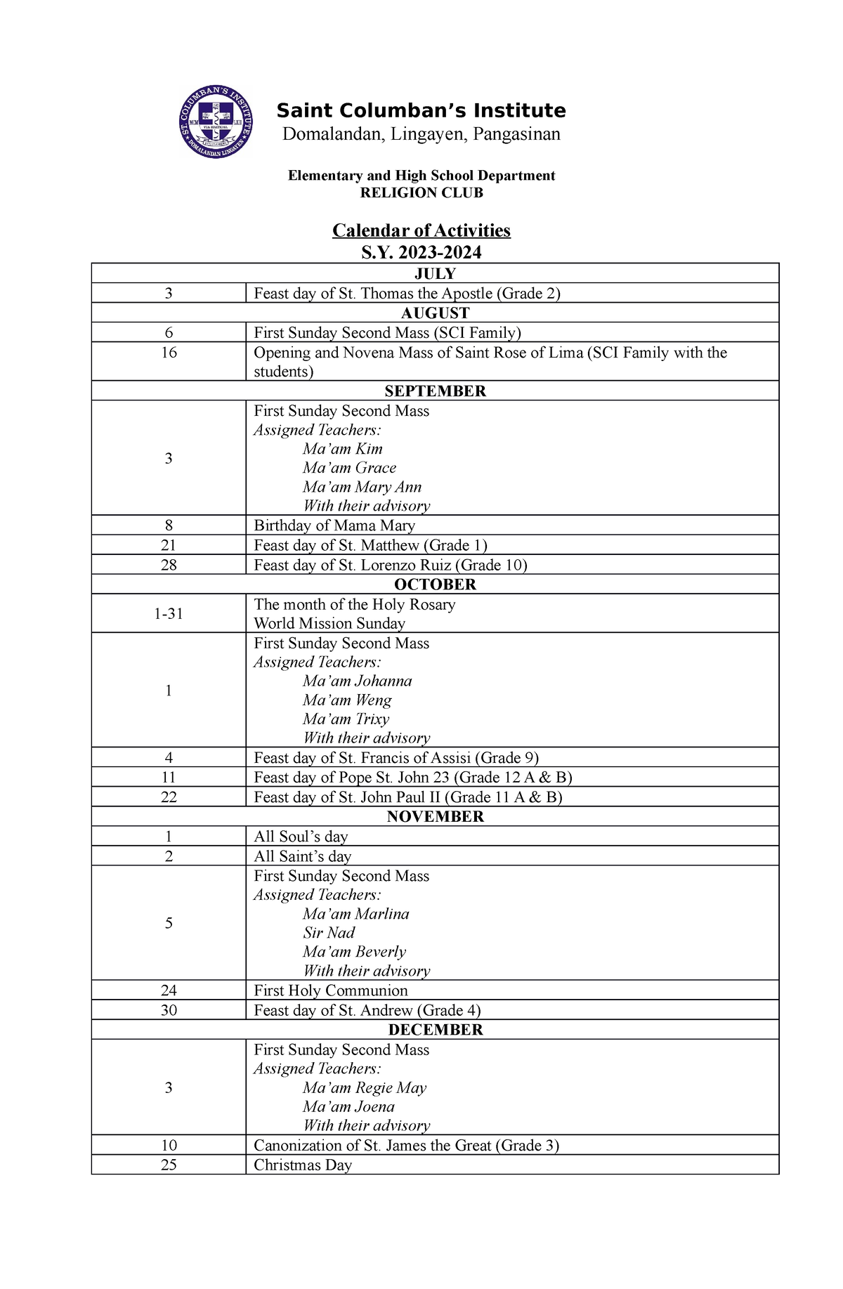 Calendar of activities 2023-2024 - Saint Columban’s Institute ...