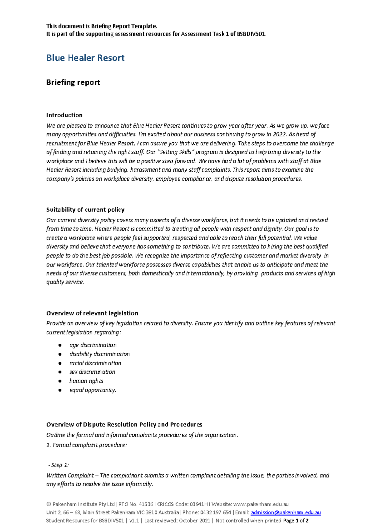 Briefing Report Template - It is part of the supporting assessment ...