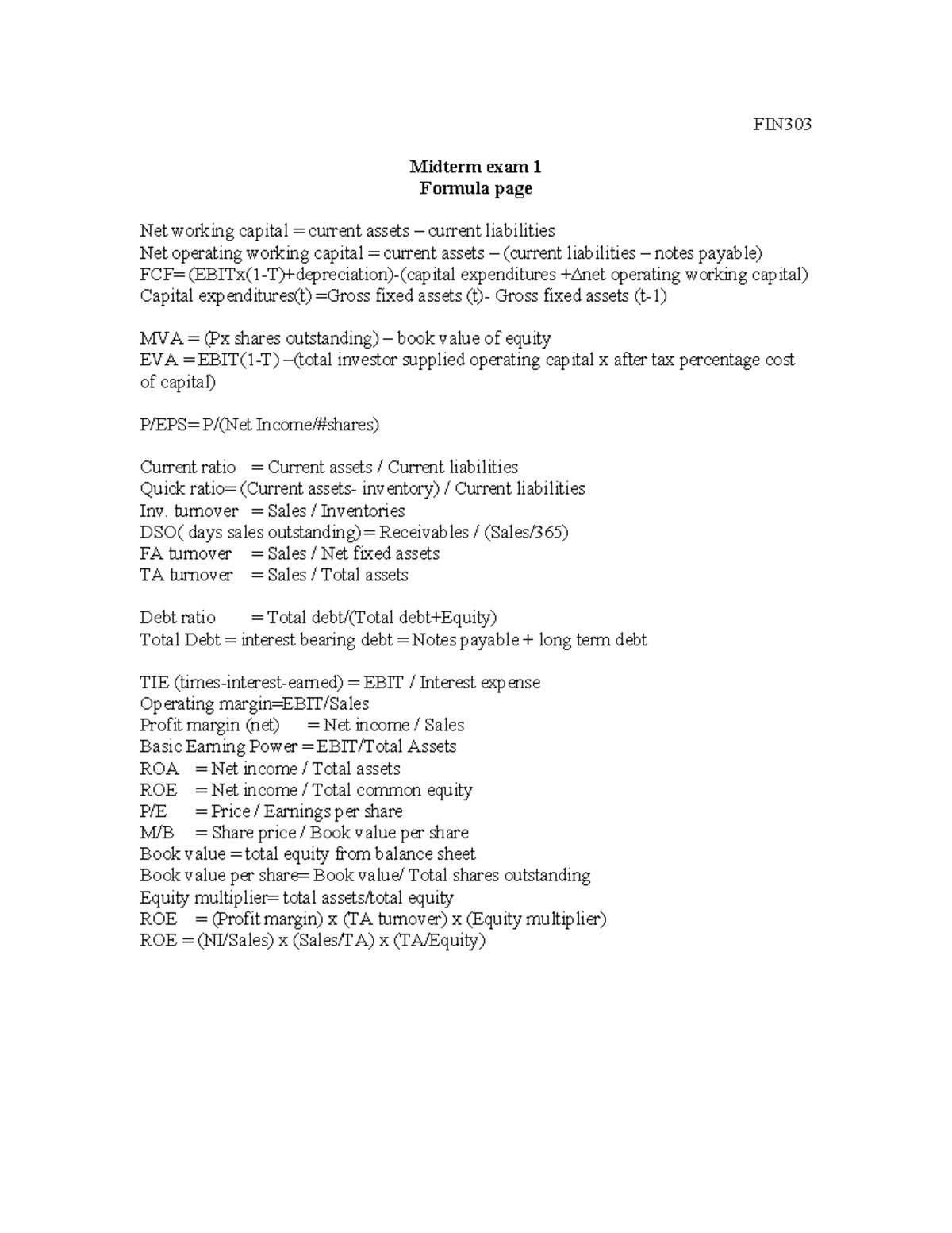 FIN303 Formulas Exam 1 - FIN Midterm Exam 1 Formula Page Net Working ...