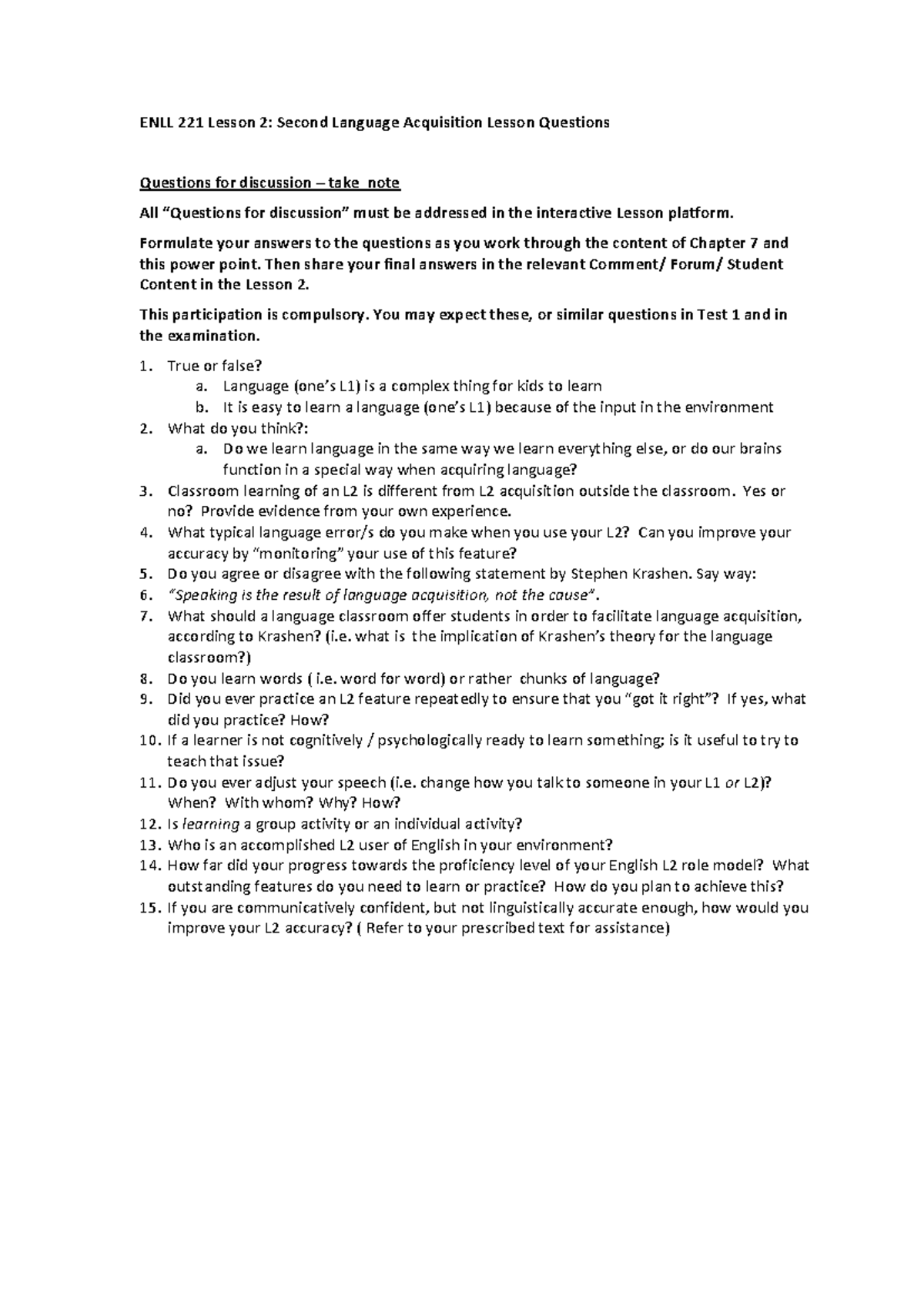 ENLL 221 Lesson 2 Questions - ENLL 221 Lesson 2: Second Language ...