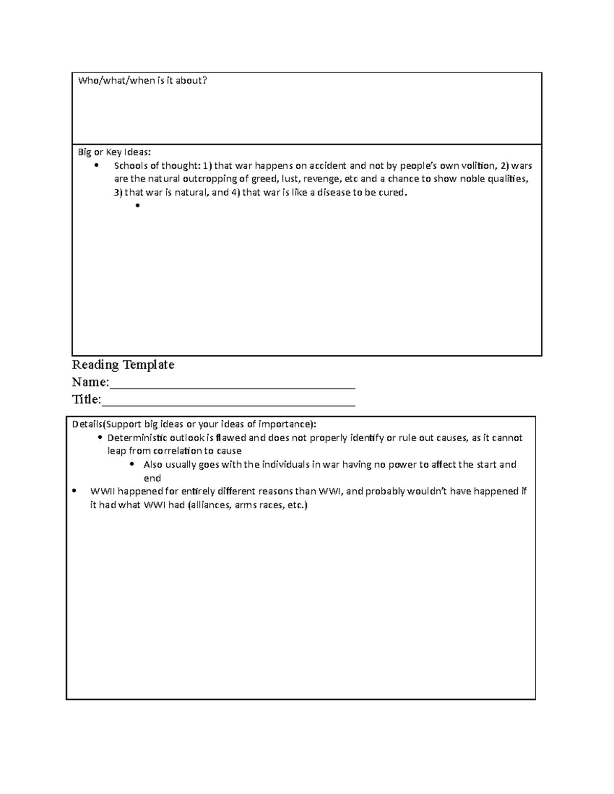 Causes Of War Notes - Who/what/when is it about? Big or Key Ideas ...