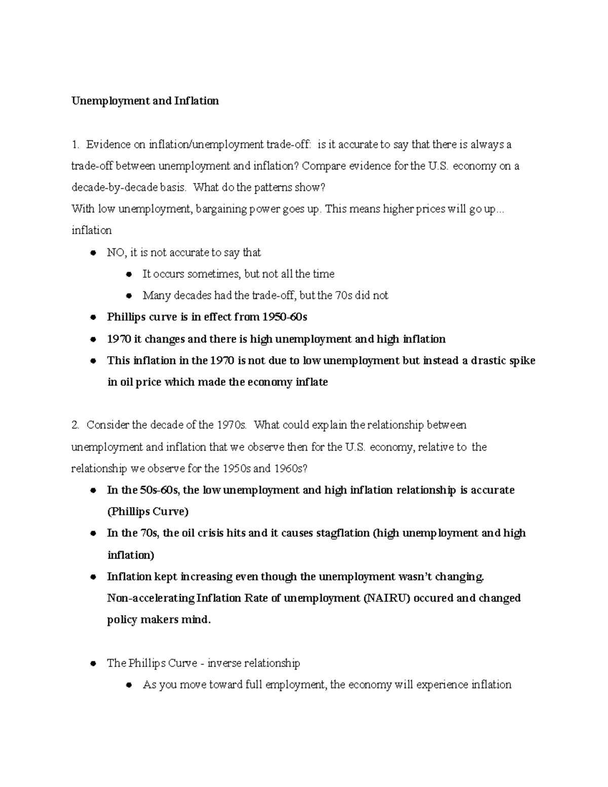 Final Study Guide Econ 104 - Unemployment and Inflation Evidence on ...