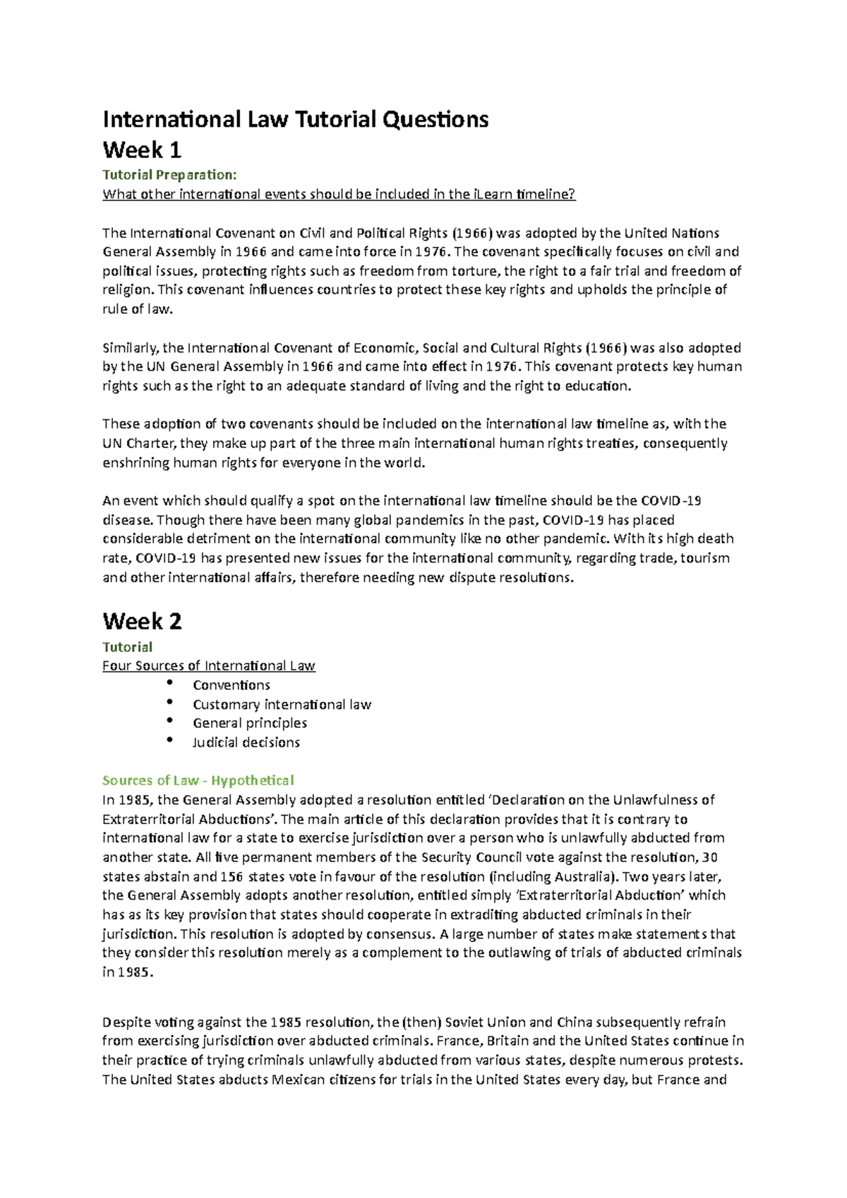 International Law Tutorial Questions - The covenant specifically ...