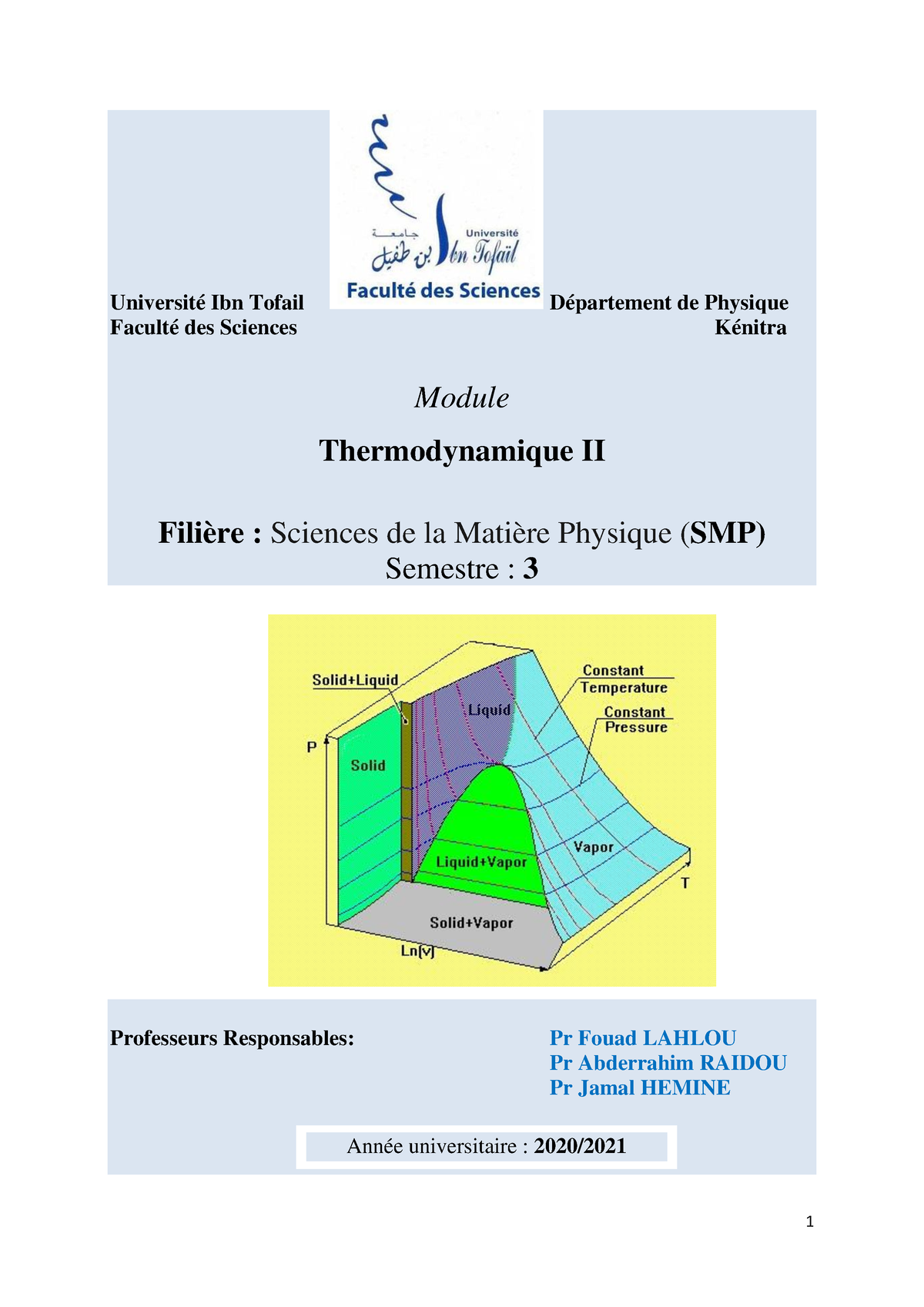 Thermodynamique 2 - Cours - Université Ibn Tofail Département De ...