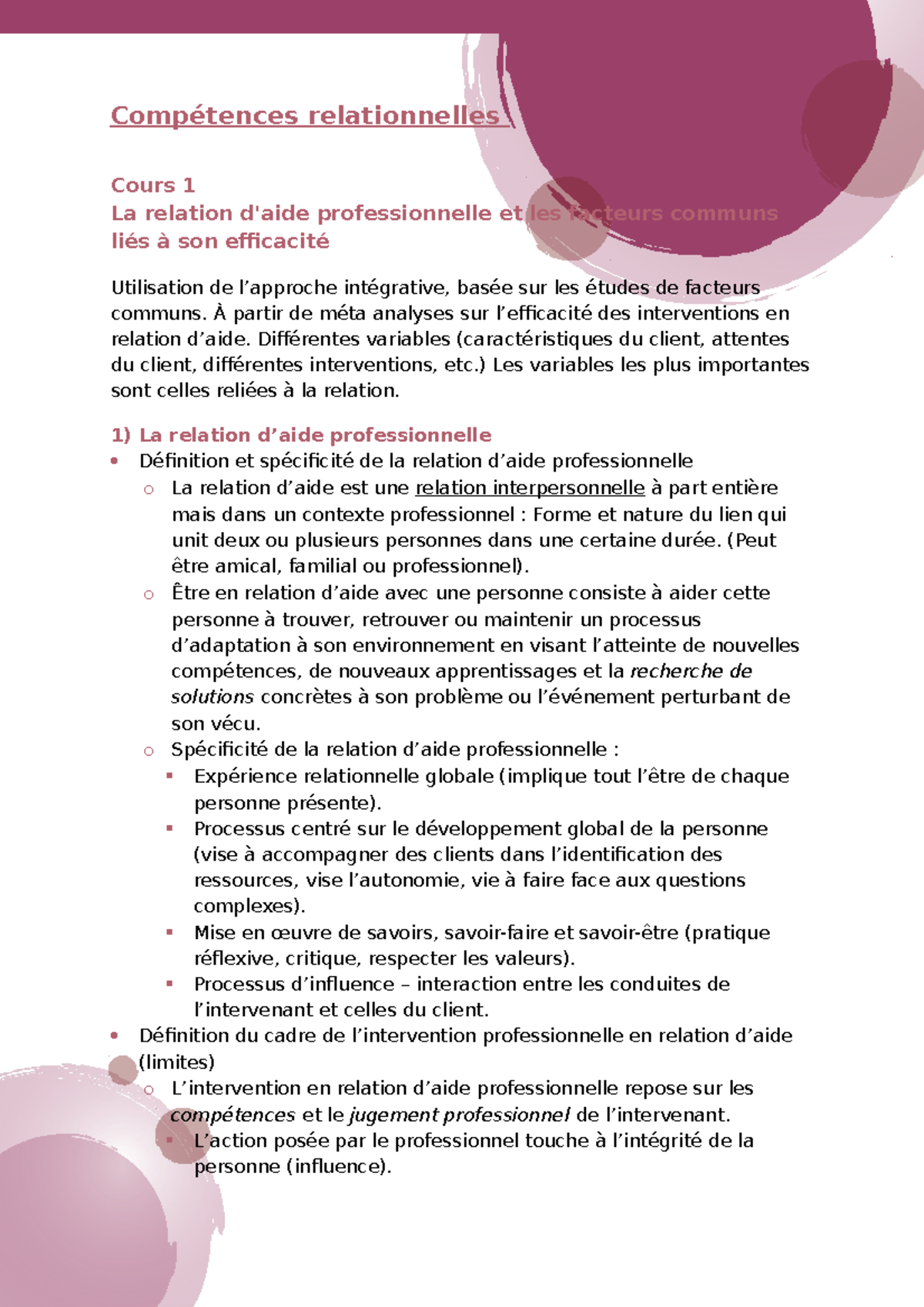Notes de cours compétences relationnelles I - Compétences ...
