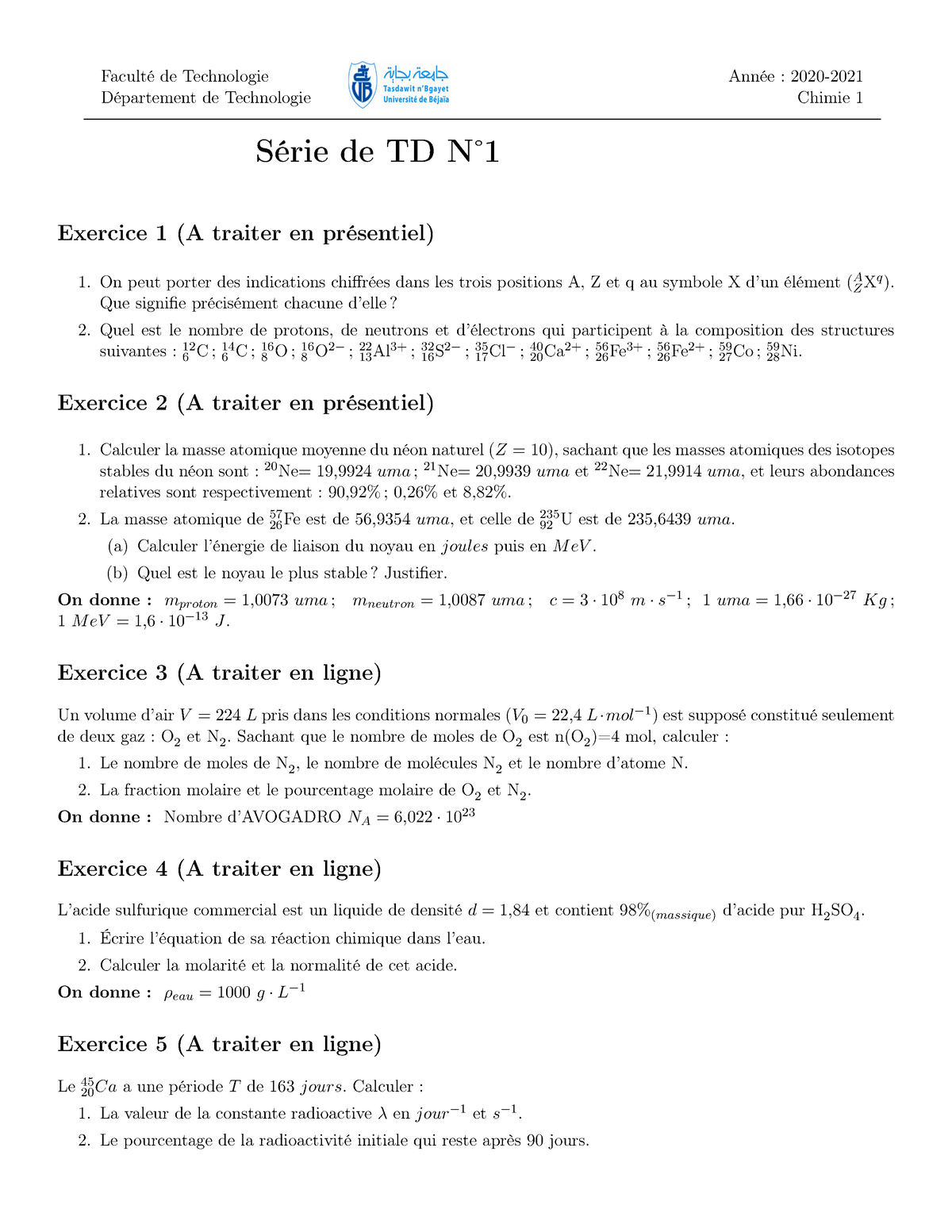 Série 1 - Faculté De Technologie Département De Technologie Année ...