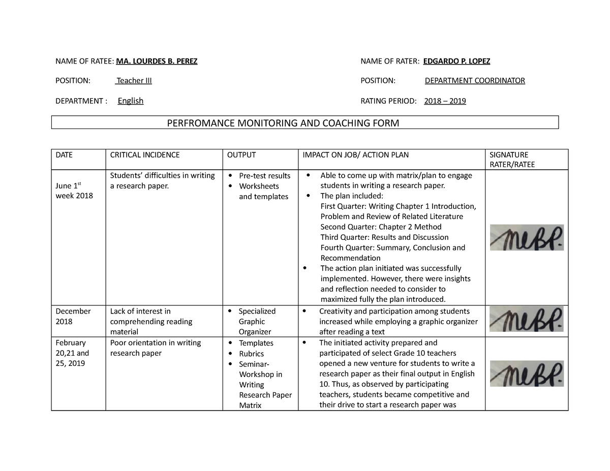 Sample performance monitoring and coaching form - Principles of ...