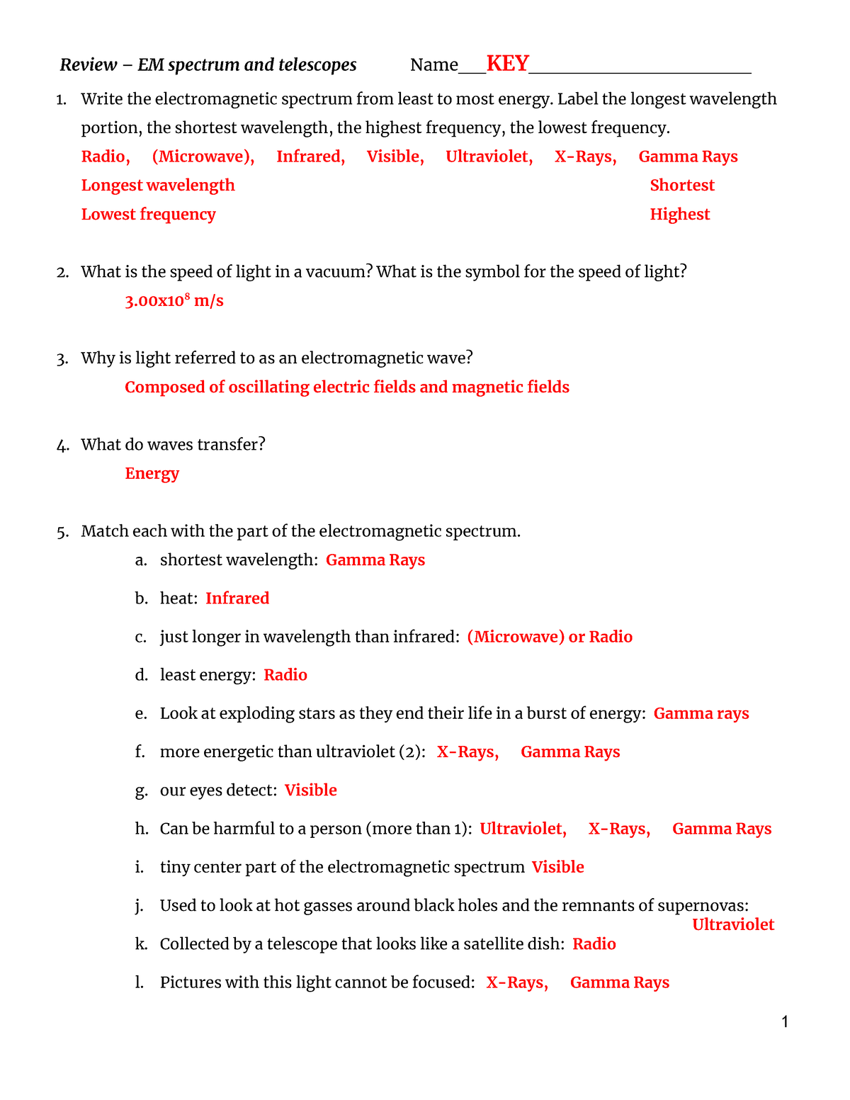 AKS 1.2 EMR and Telescopes TEST Review - KEY-2 - Review – EM spectrum ...