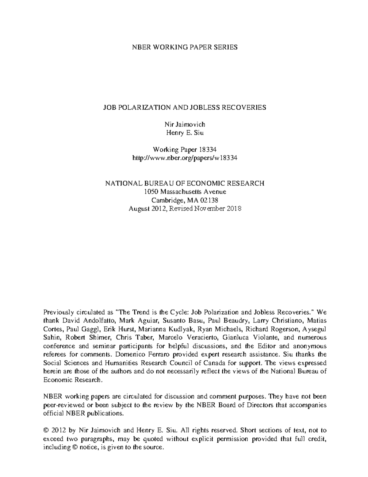 W18334 - Letture antropologia culturale - NBER WORKING PAPER SERIES JOB ...