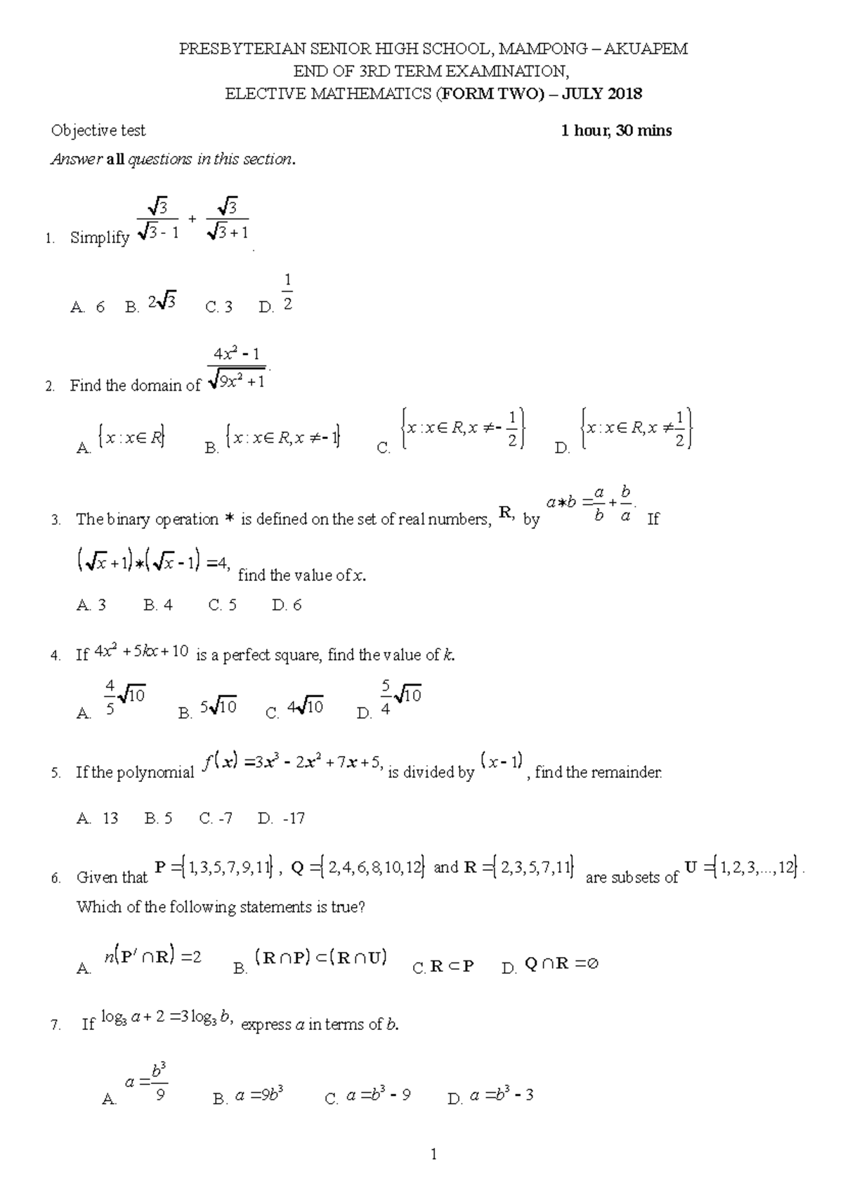 EXAM 1 2018, questions - PRESBYTERIAN SENIOR HIGH SCHOOL, MAMPONG ...