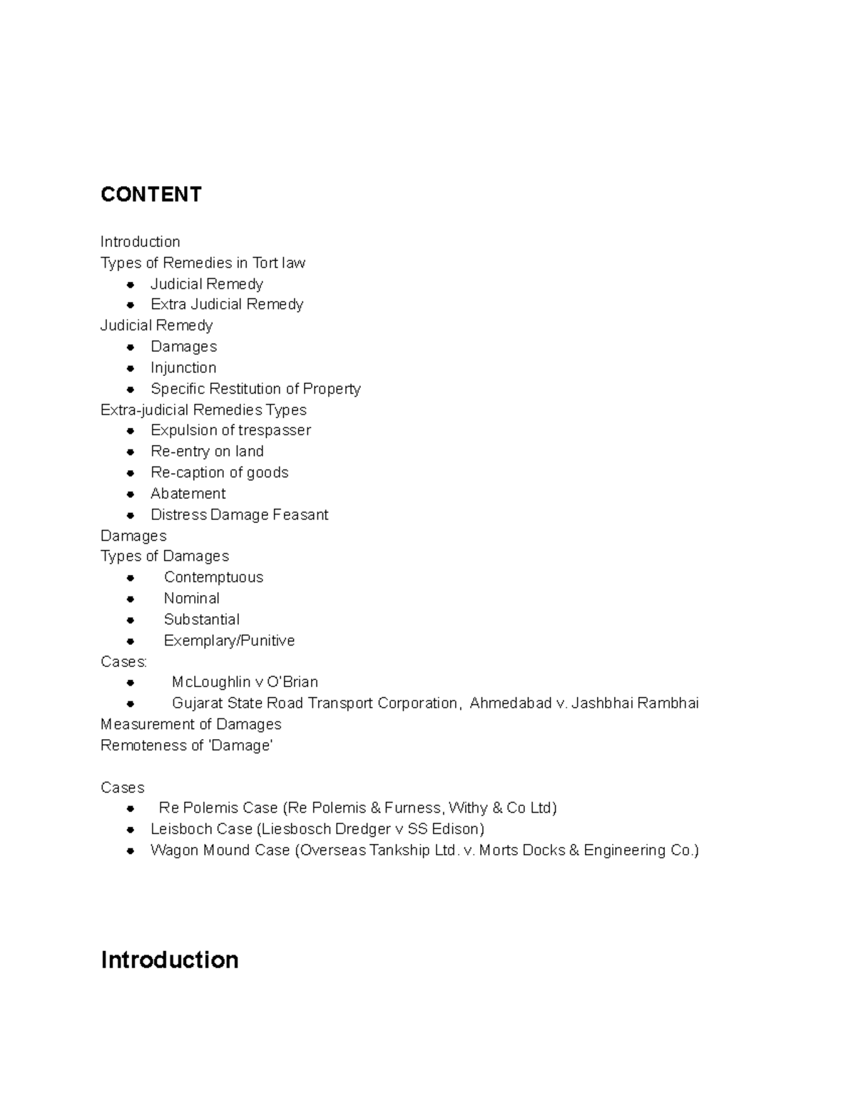 Law of torts CONTENT Introduction Types of Remedies in Tort law