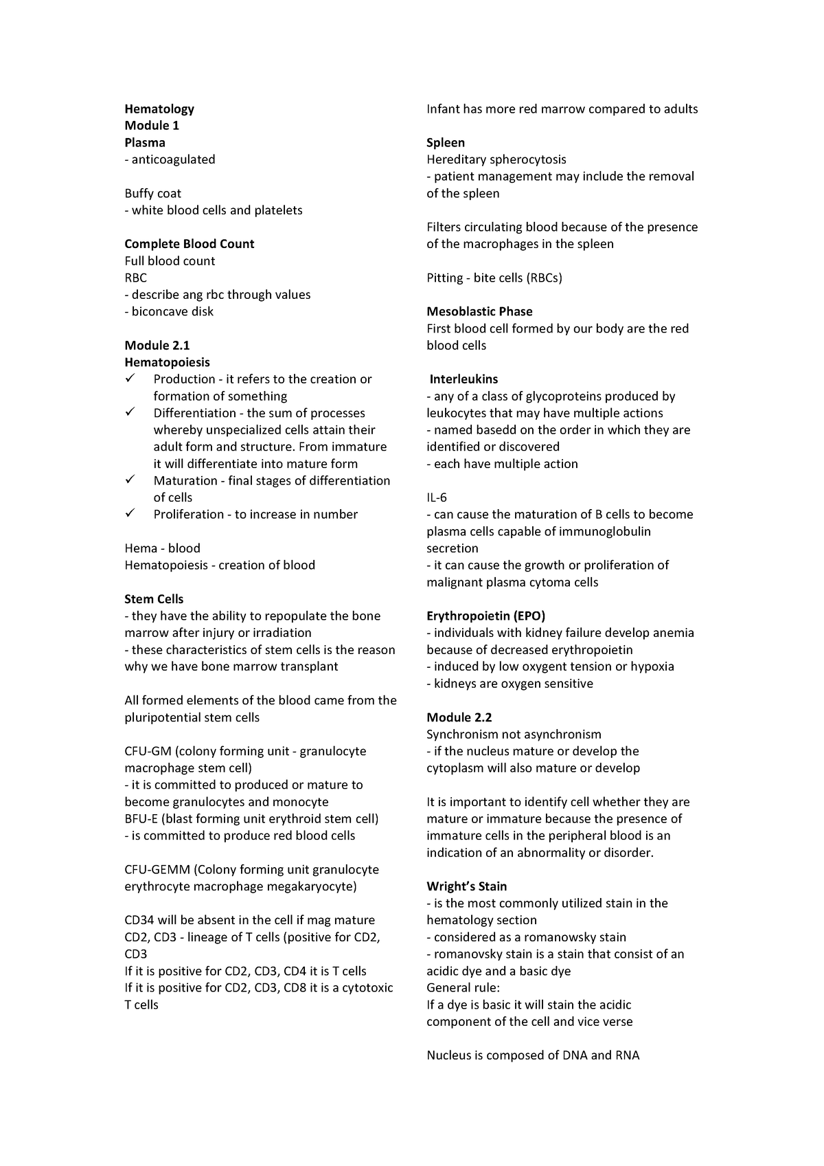 Hematology LEC Notes - Hematology Module 1 Plasma Anticoagulated Buffy ...