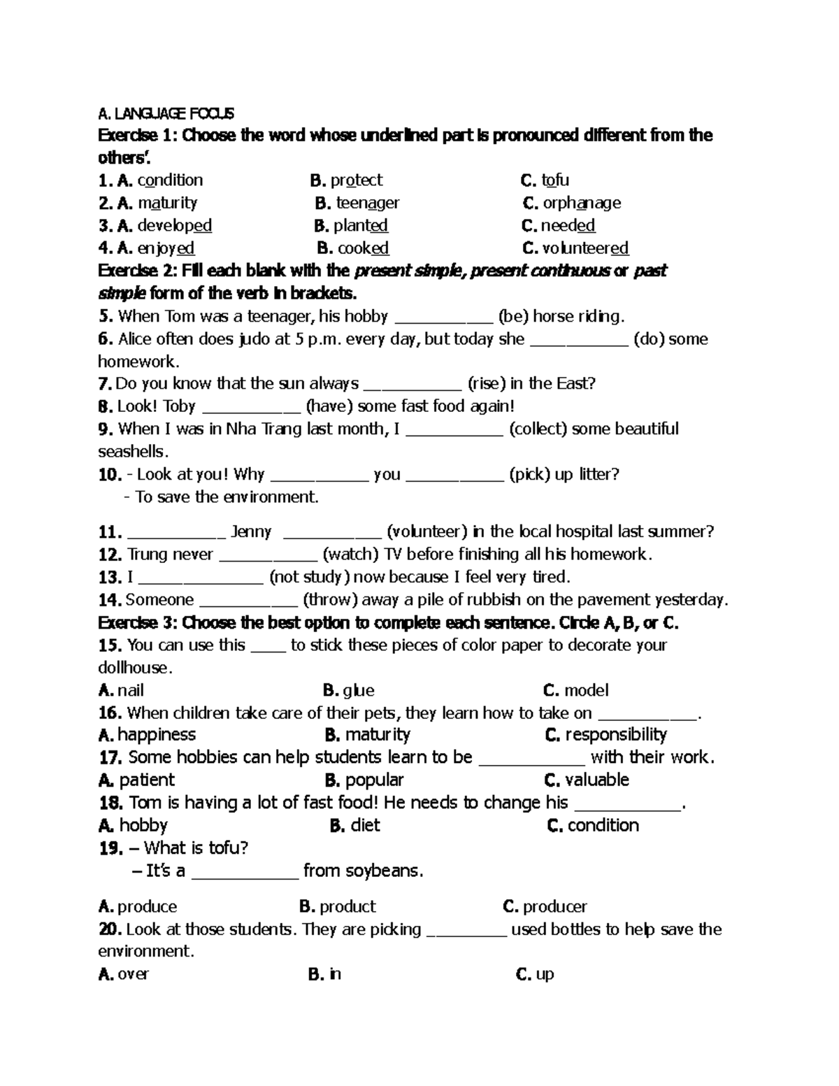 T - Bjglibyh; - A. LANGUAGE FOCUS Exercise 1 : Choose The Word Whose ...