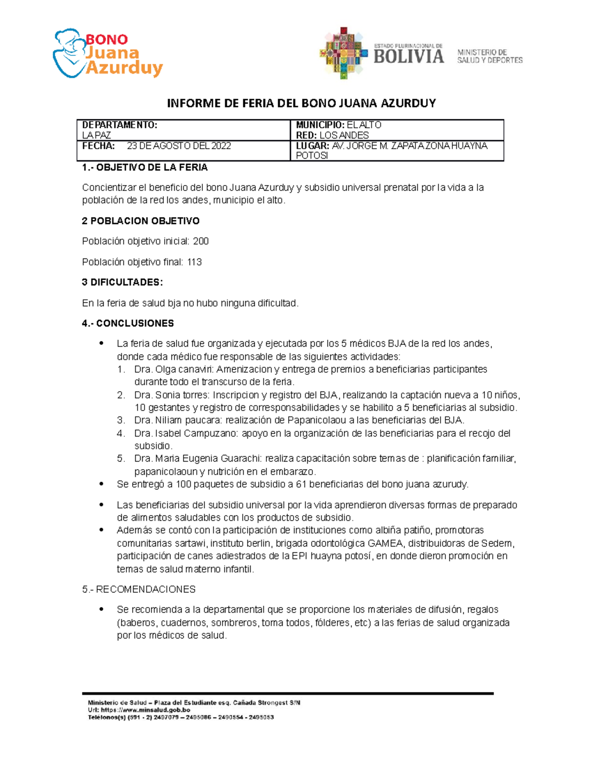 Informe DE Feria DE Saludhuayna - INFORME DE FERIA DEL BONO JUANA ...
