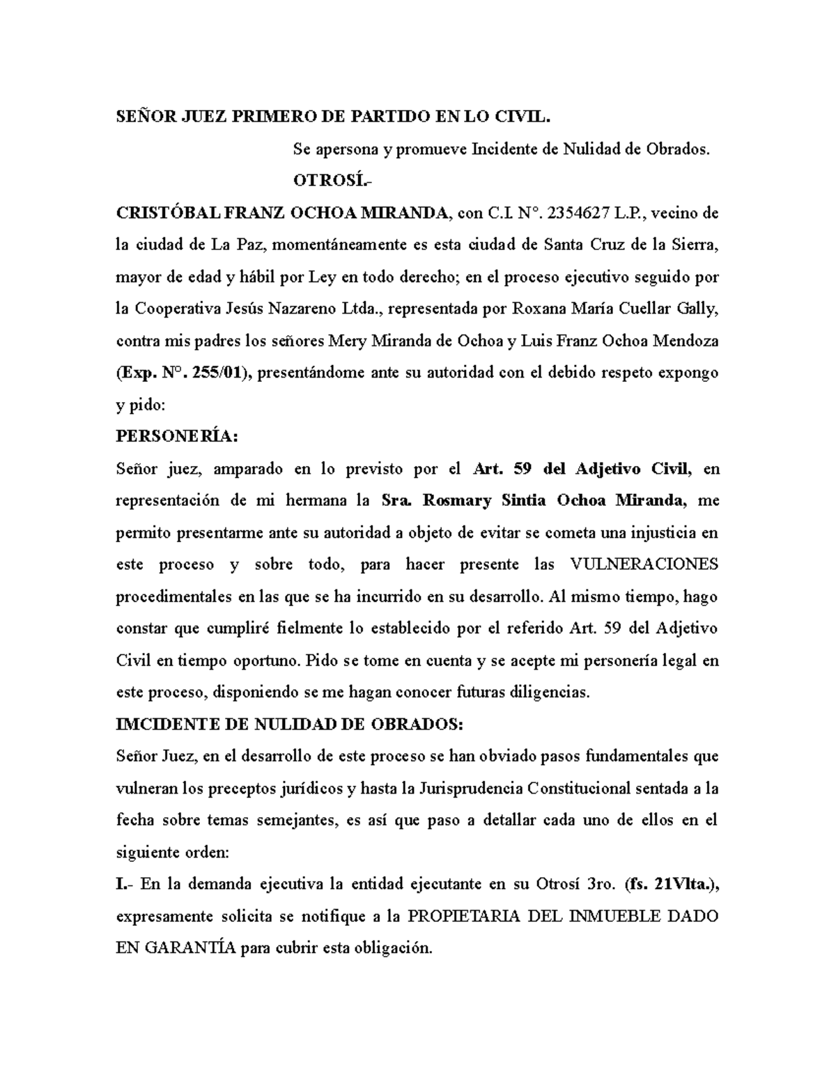 Incidente DE Nulidad DE Obrados - SEÑOR JUEZ PRIMERO DE PARTIDO EN LO  CIVIL. Se apersona y promueve - Studocu