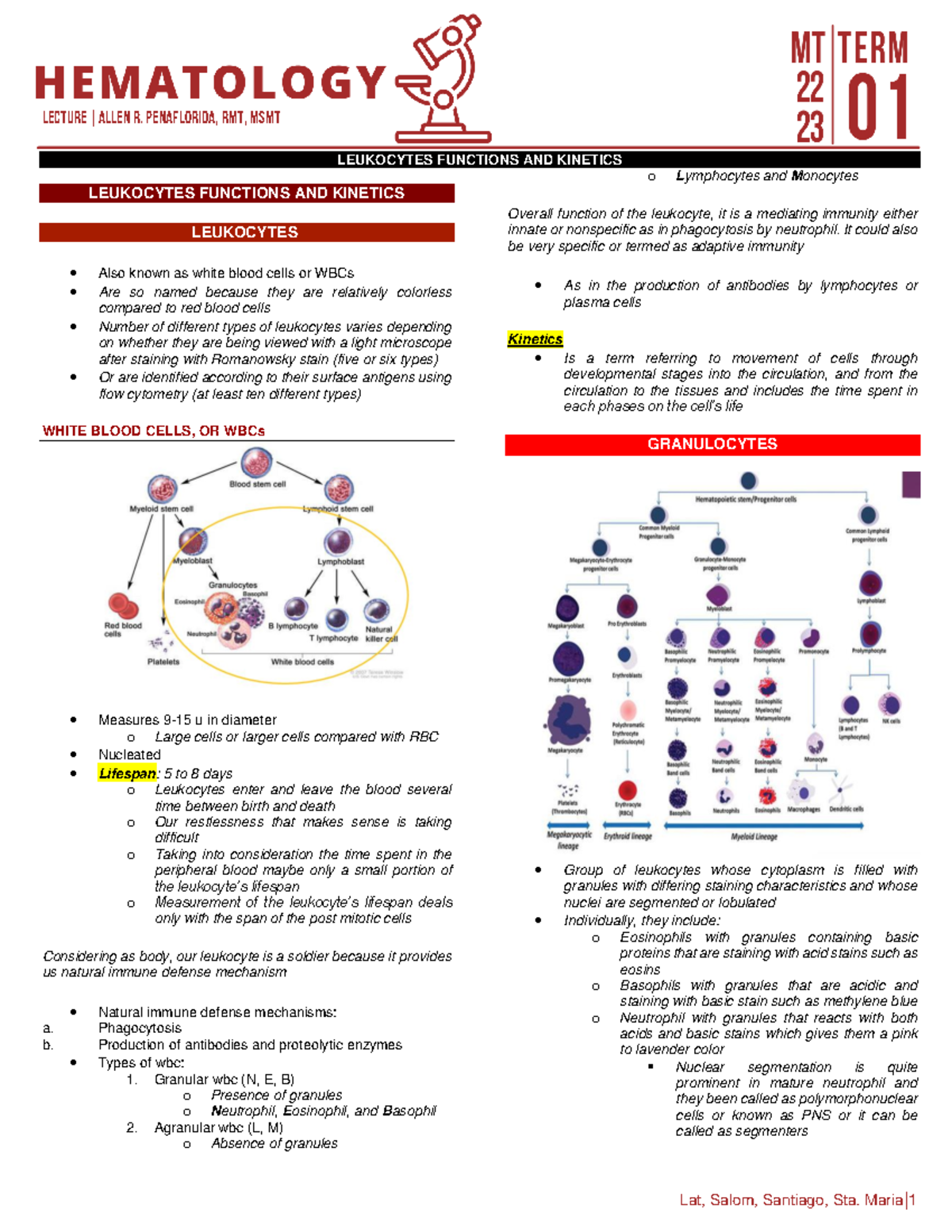 Lec 4 Leukocytes Functions And Kinetics Lecture Allen R Penaflorida Rmt Msmt Lat Salom