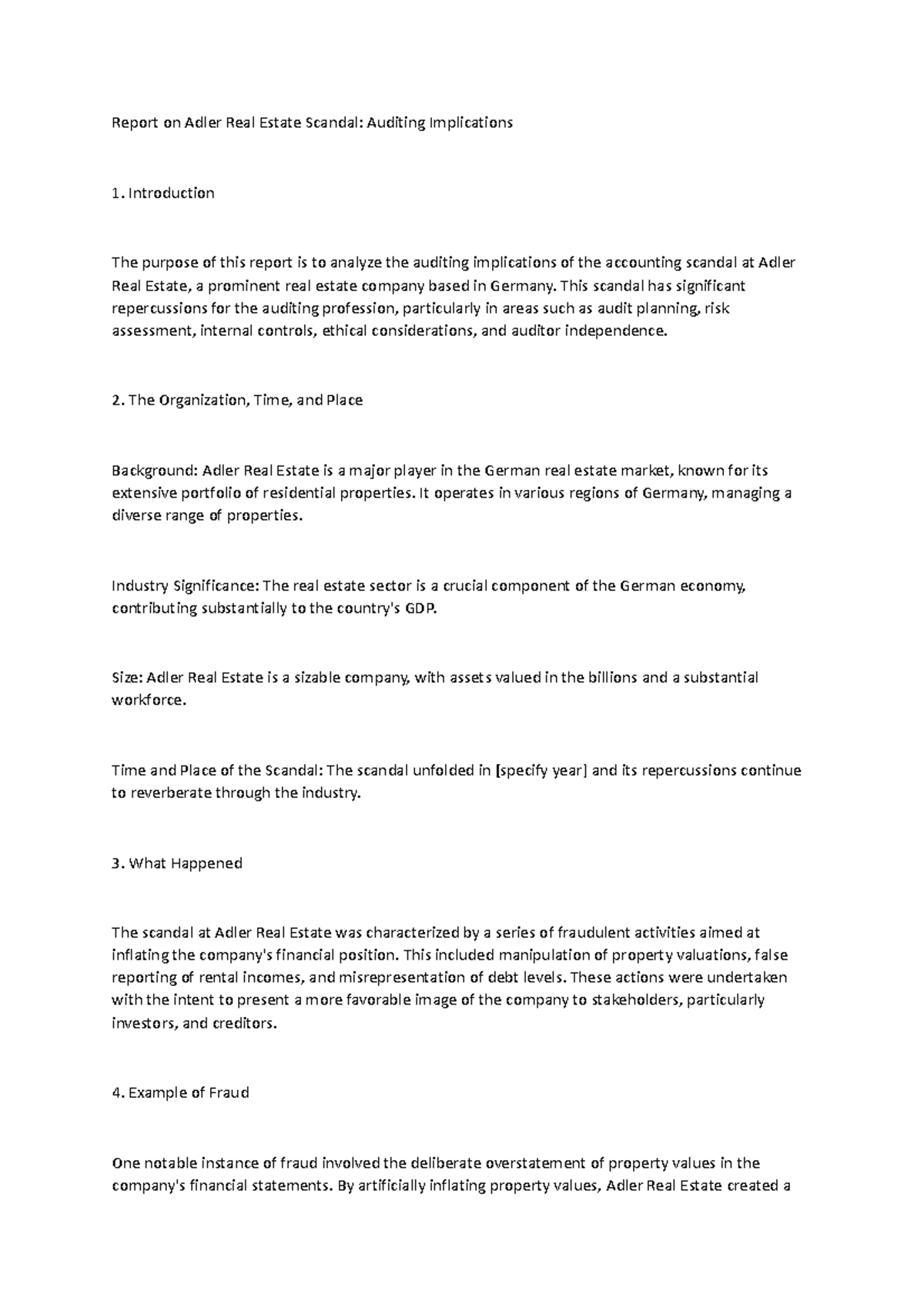 Auditing assignment Within 800 words Report on Adler Real Estate