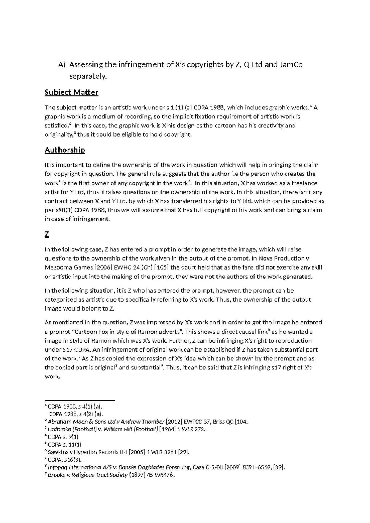 IP LAW Summative - A) Assessing the infringement of X’s copyrights by Z ...