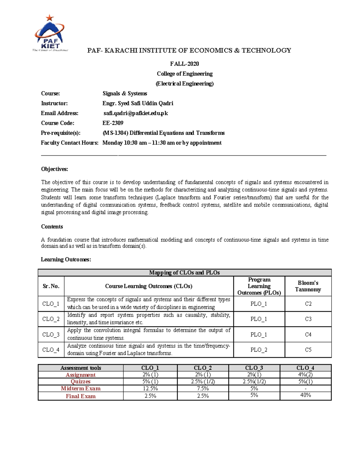 Course Outline Sn S Fall 2020 - PAF- KARACHI INSTITUTE OF ECONOMICS ...