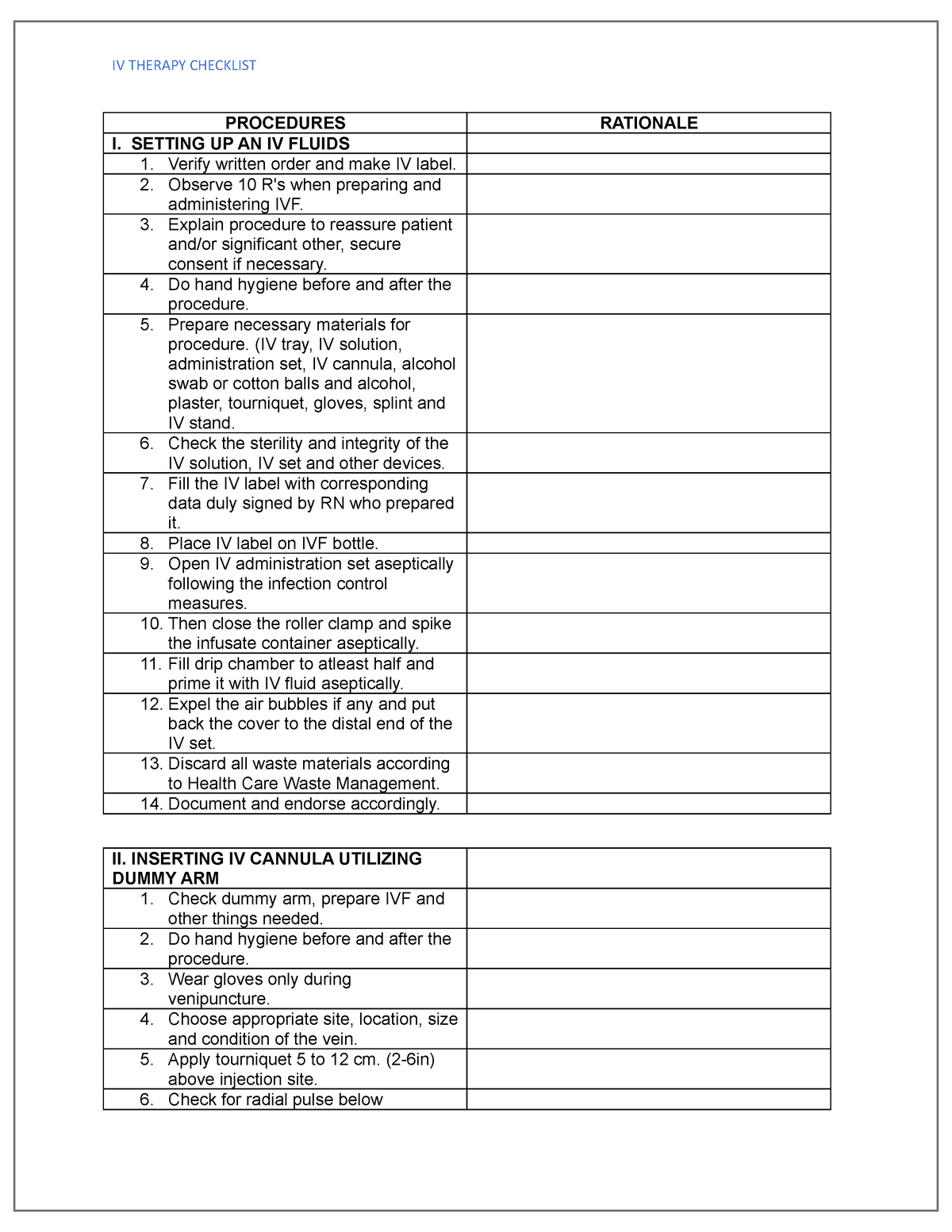 Procedures - IV therapy - PROCEDURES RATIONALE I. SETTING UP AN IV ...