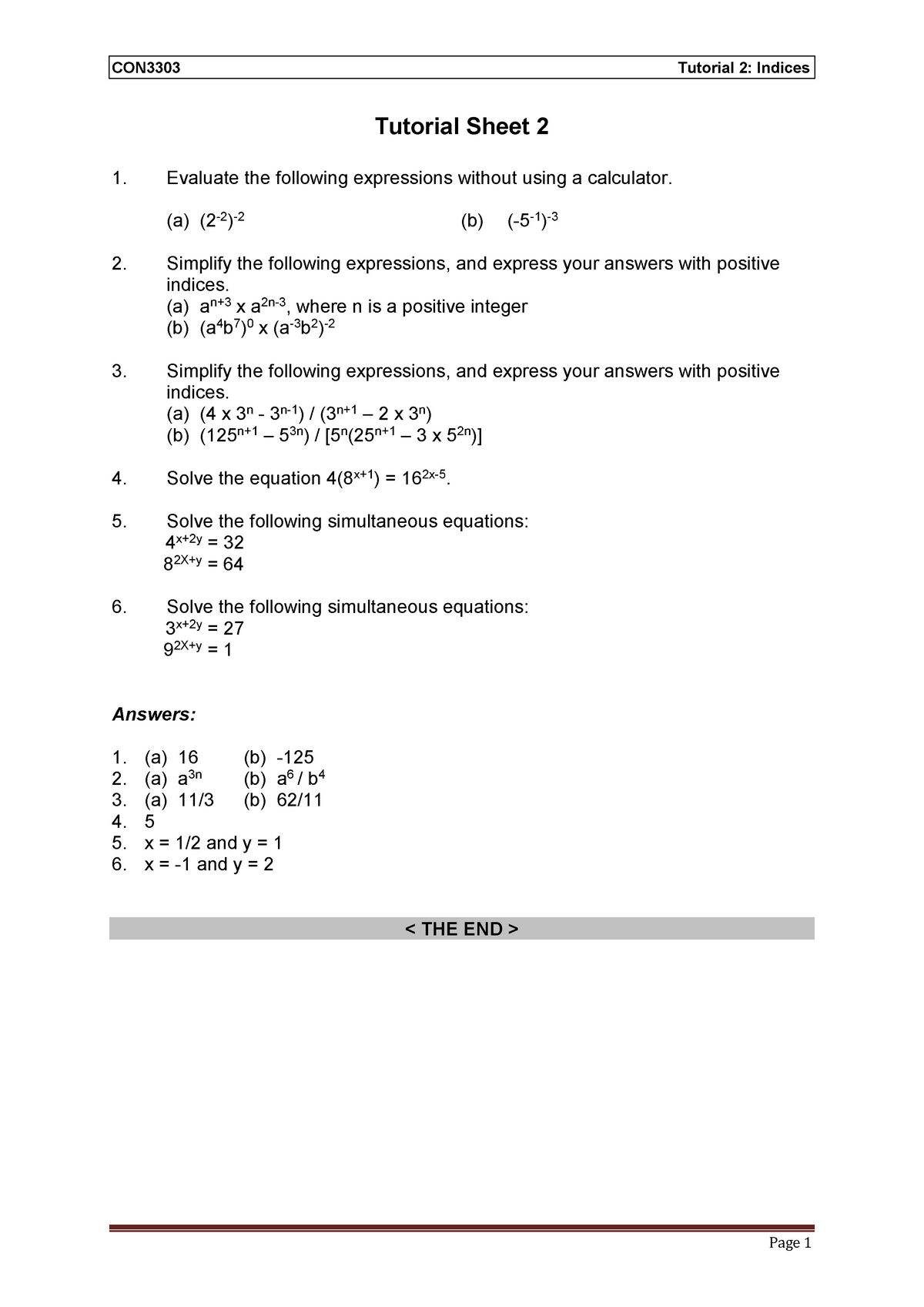 Tut 2 Indices Con3303 Tutorial 2 Indices Page 1 Tutorial Sheet 2 Evaluate The Following Studocu